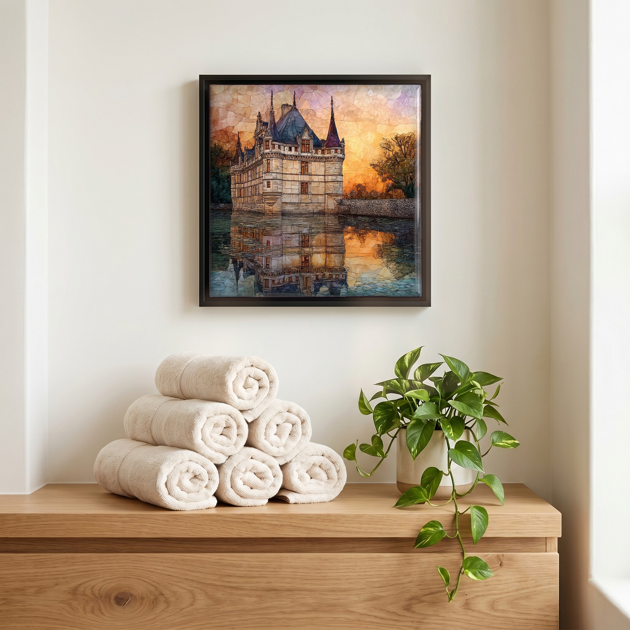 Above the linens, in a slim black surround.