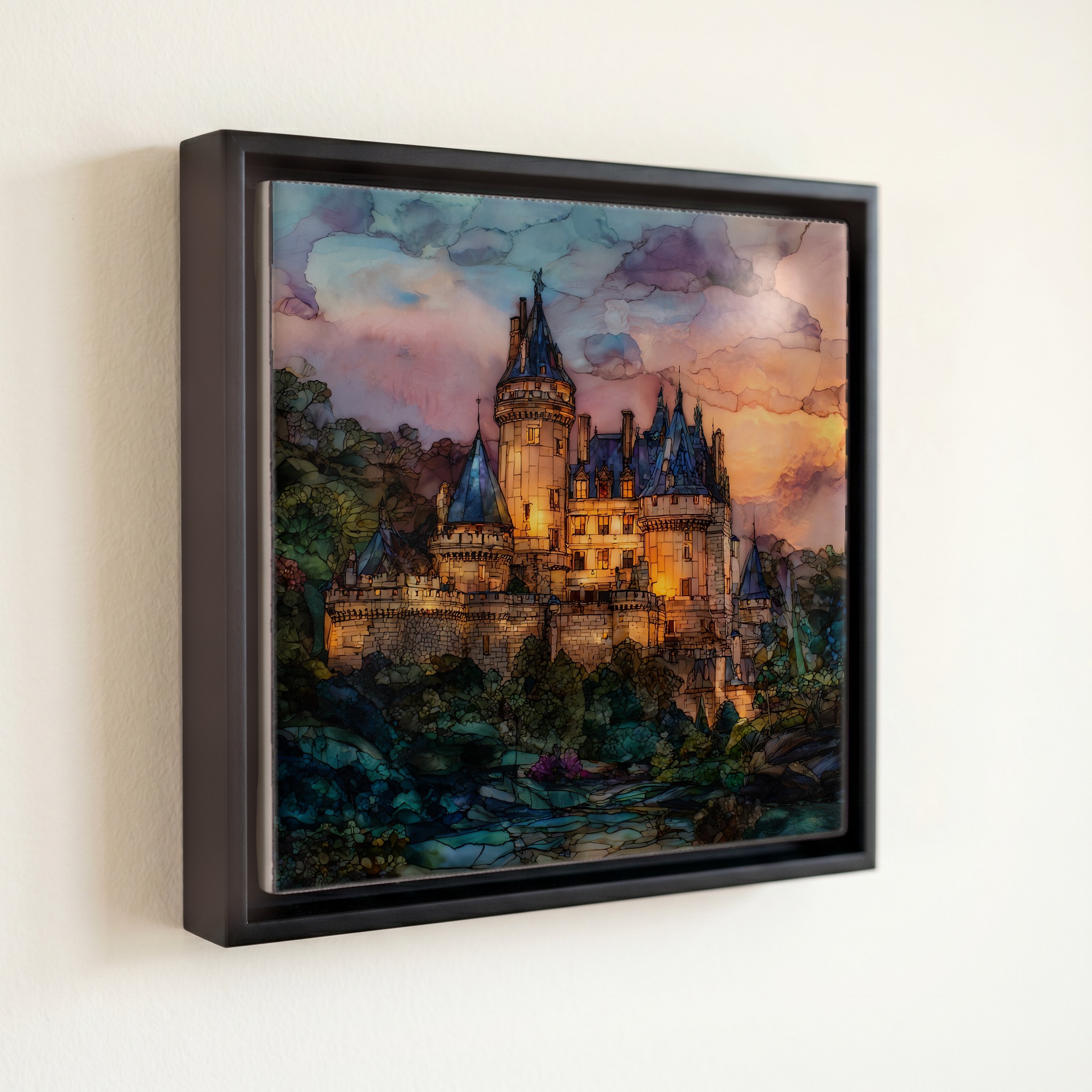 shown in a slim black floating frame · 6 × 6 in