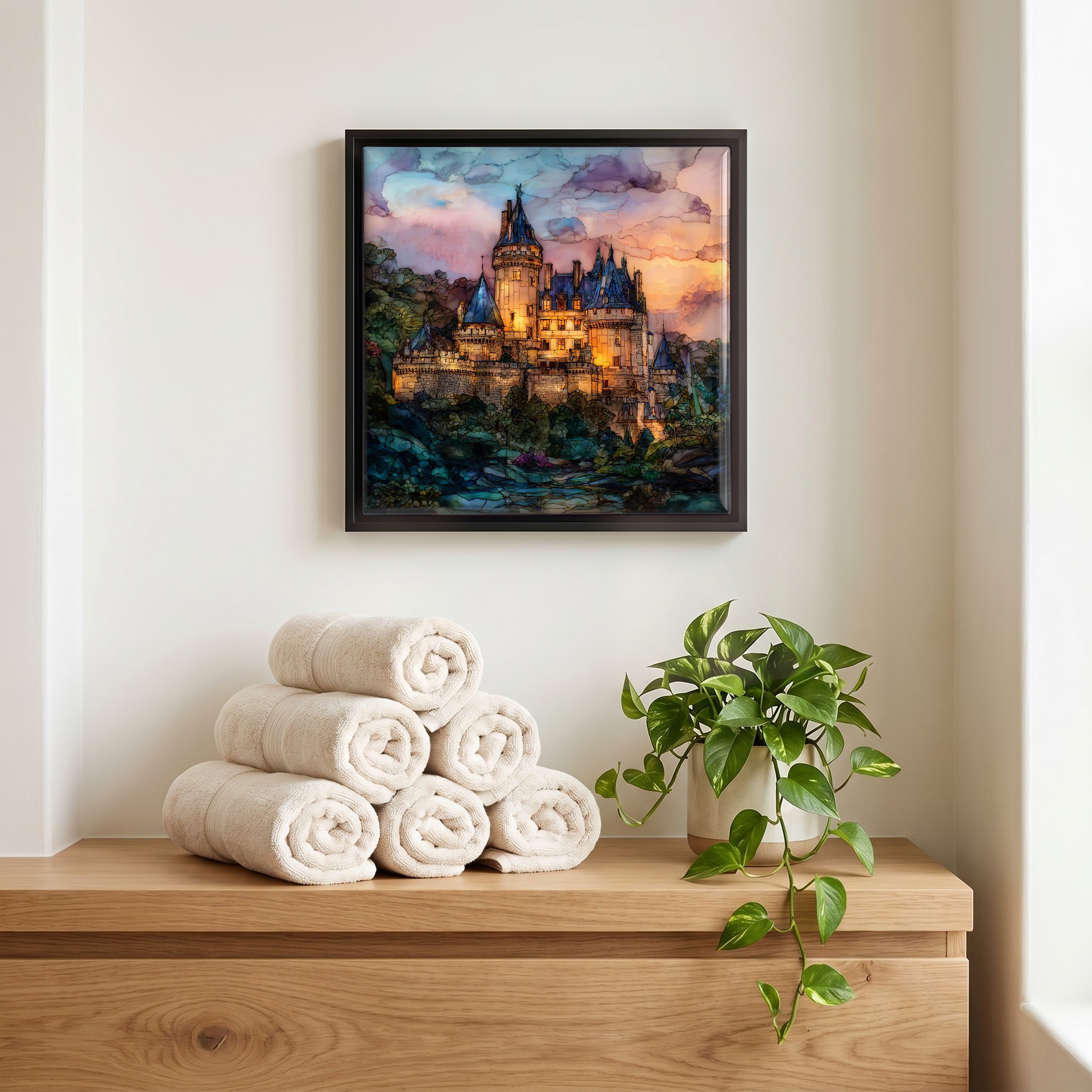 Above the linens, in a slim black surround.