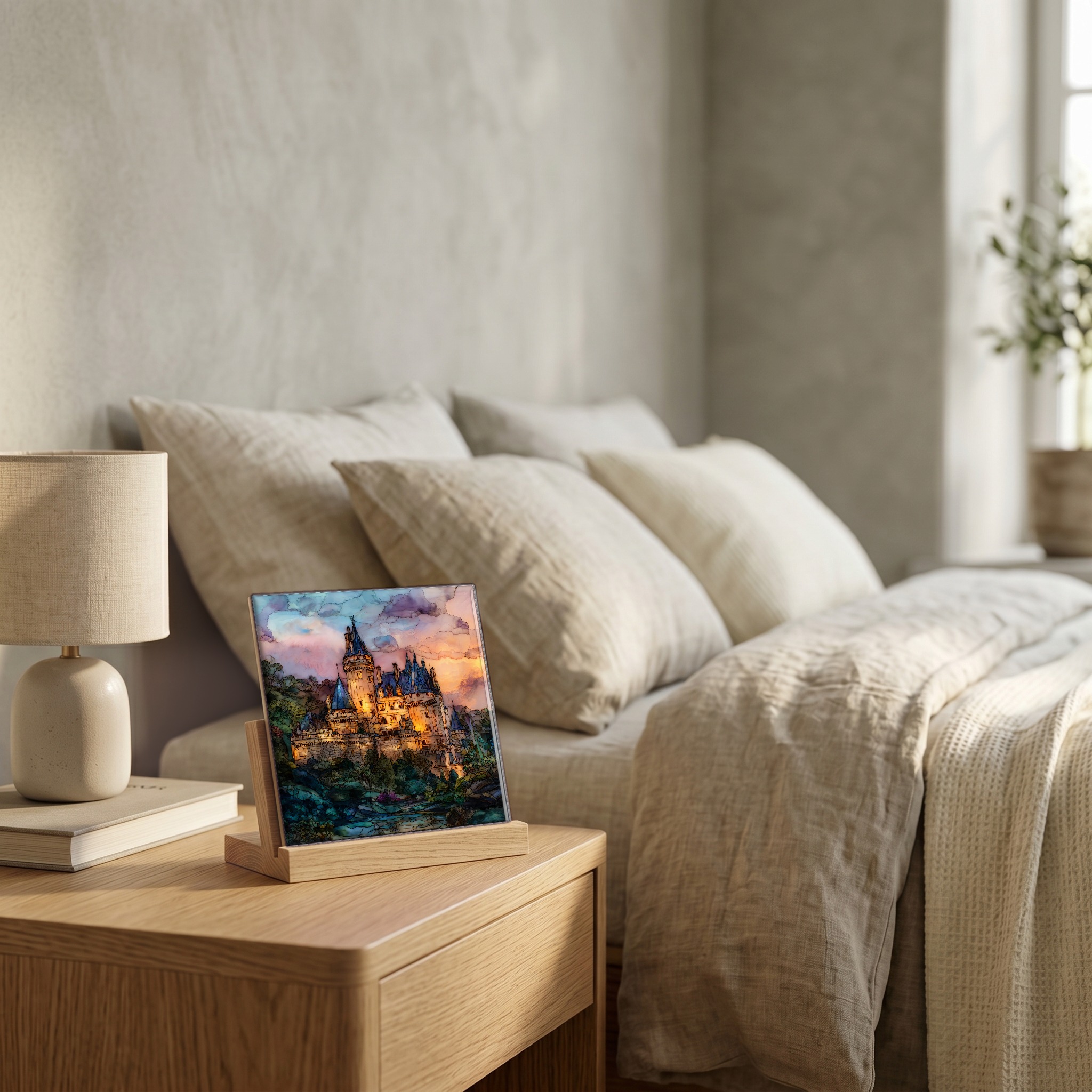 On the nightstand, on a light oak stand.