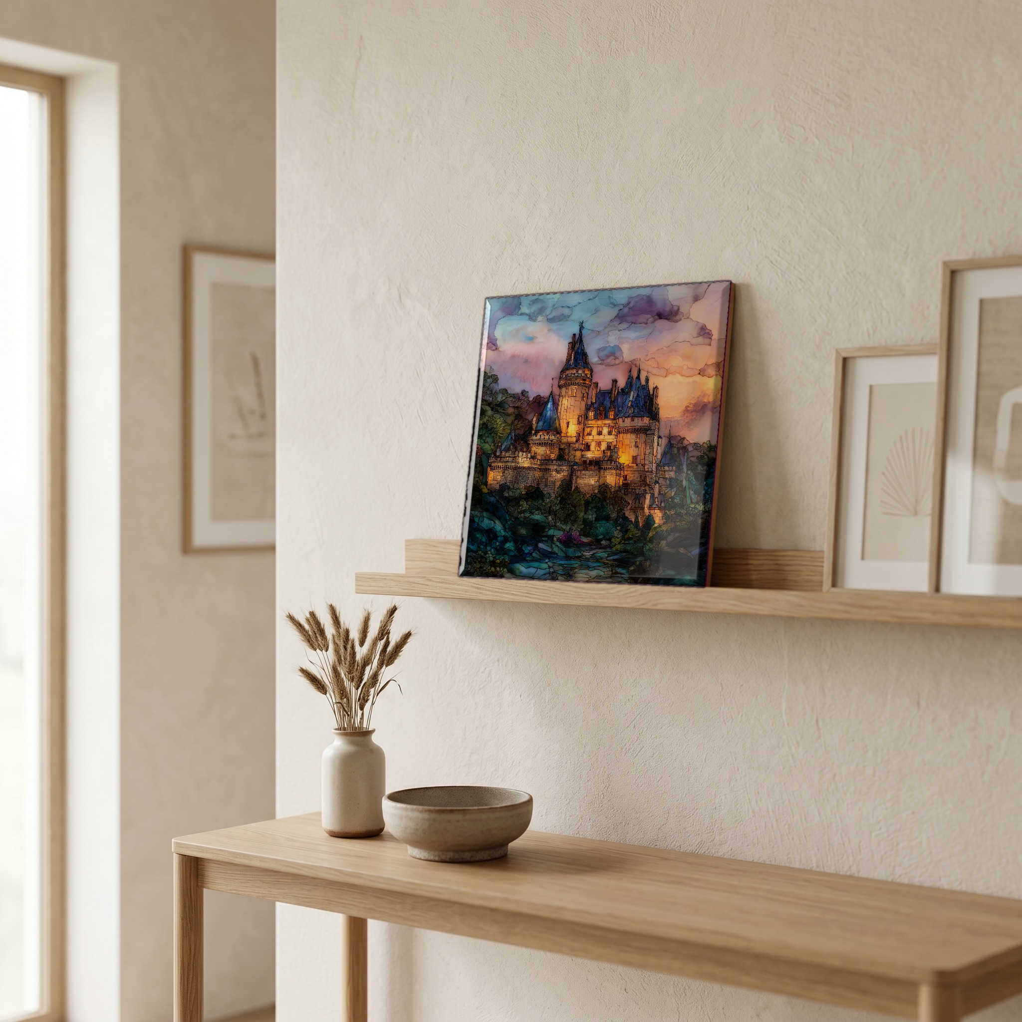 On a picture ledge, where the light comes in.