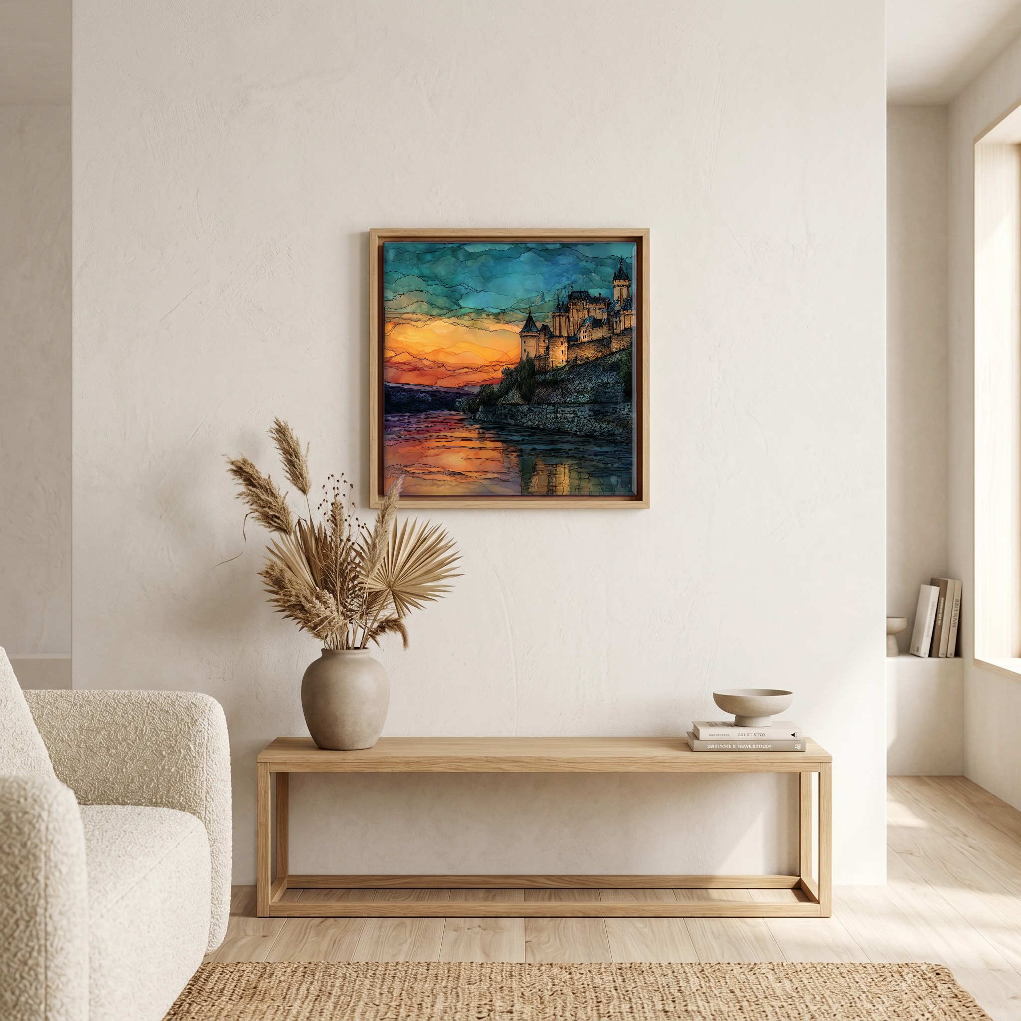 Above the bench, in a warm oak surround.