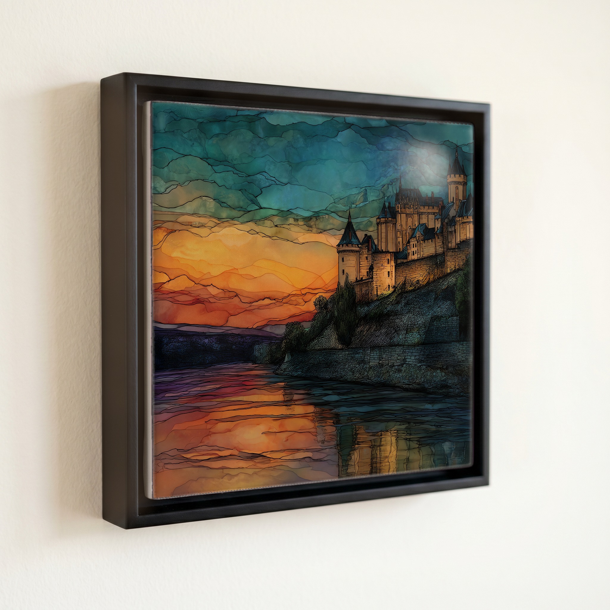 shown in a slim black floating frame · 6 × 6 in