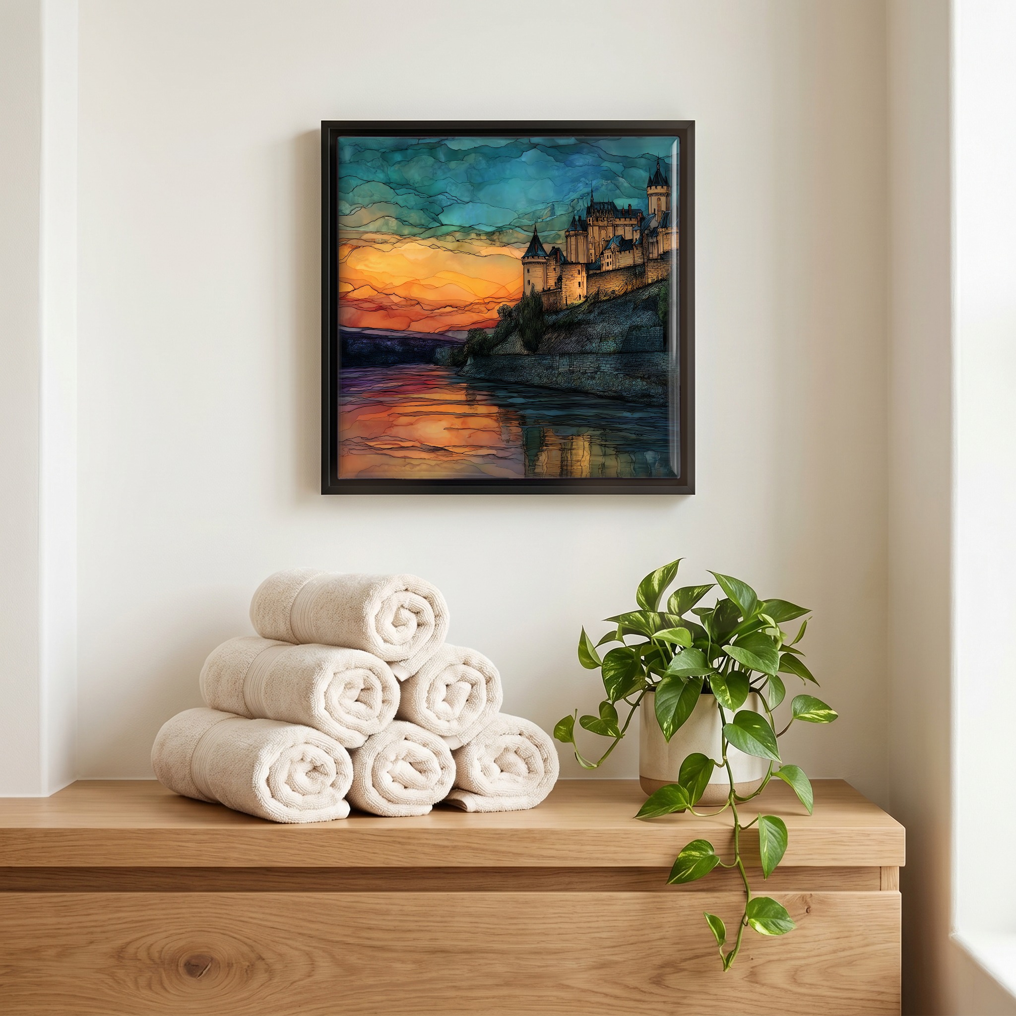 Above the linens, in a slim black surround.