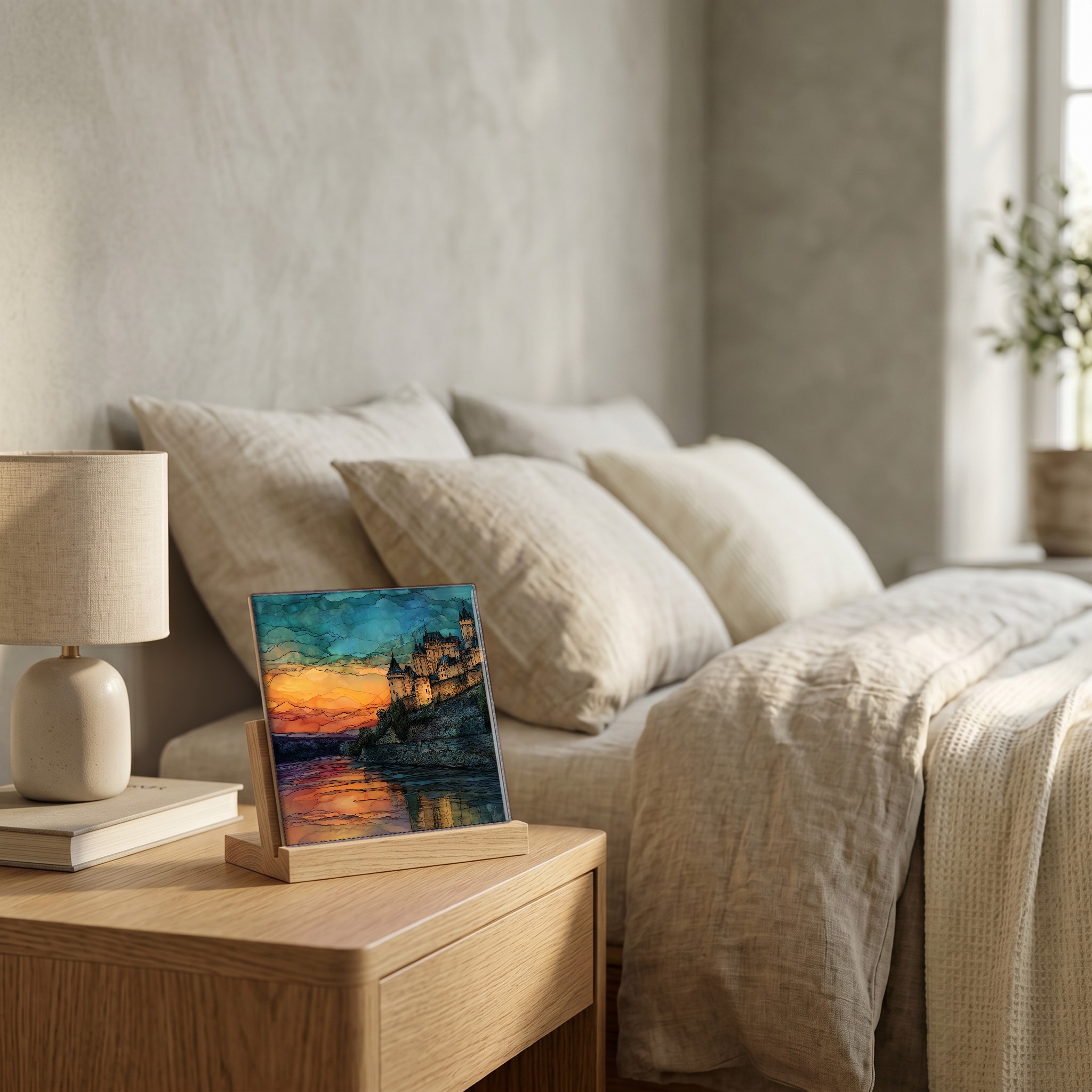 On the nightstand, on a light oak stand.