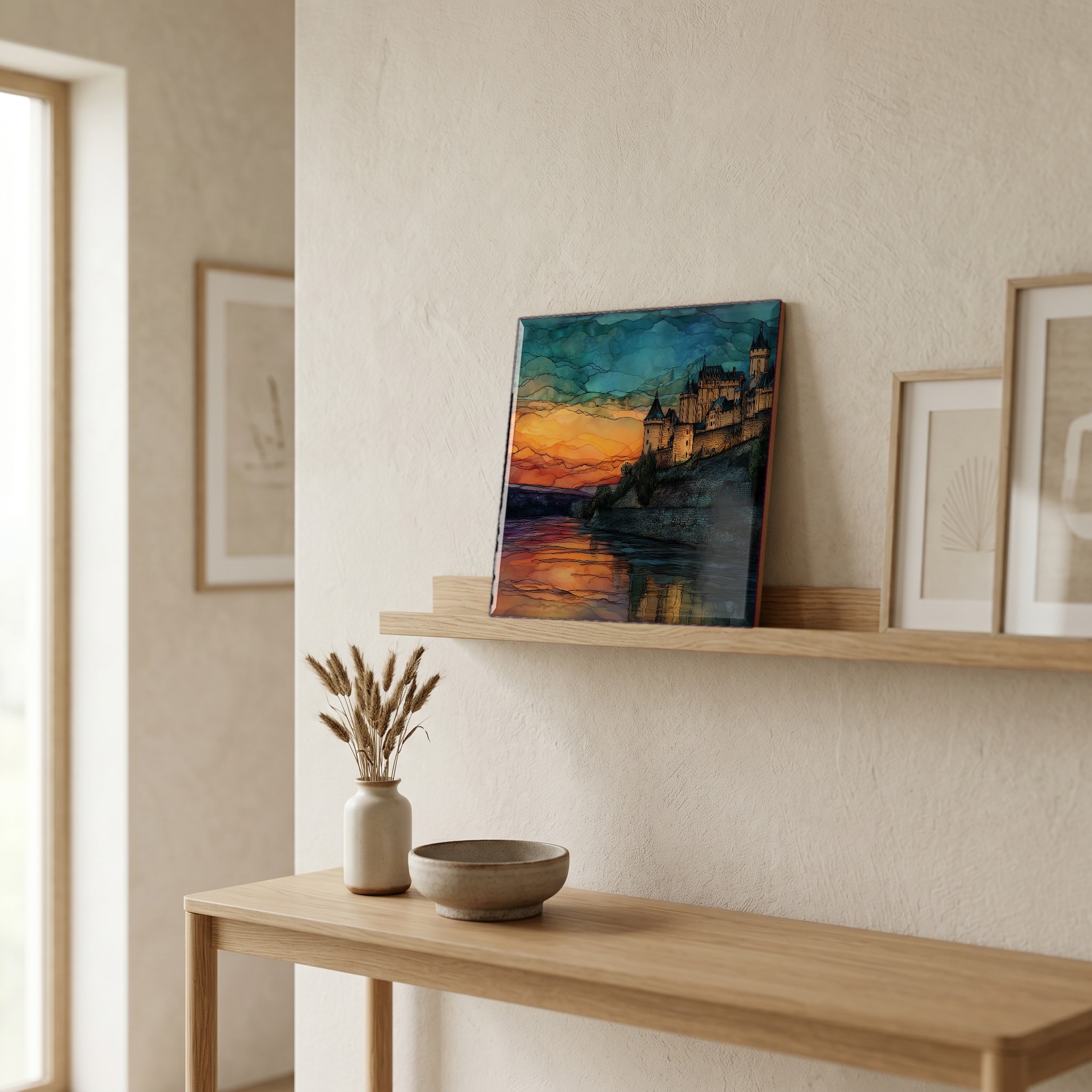 On a picture ledge, where the light comes in.