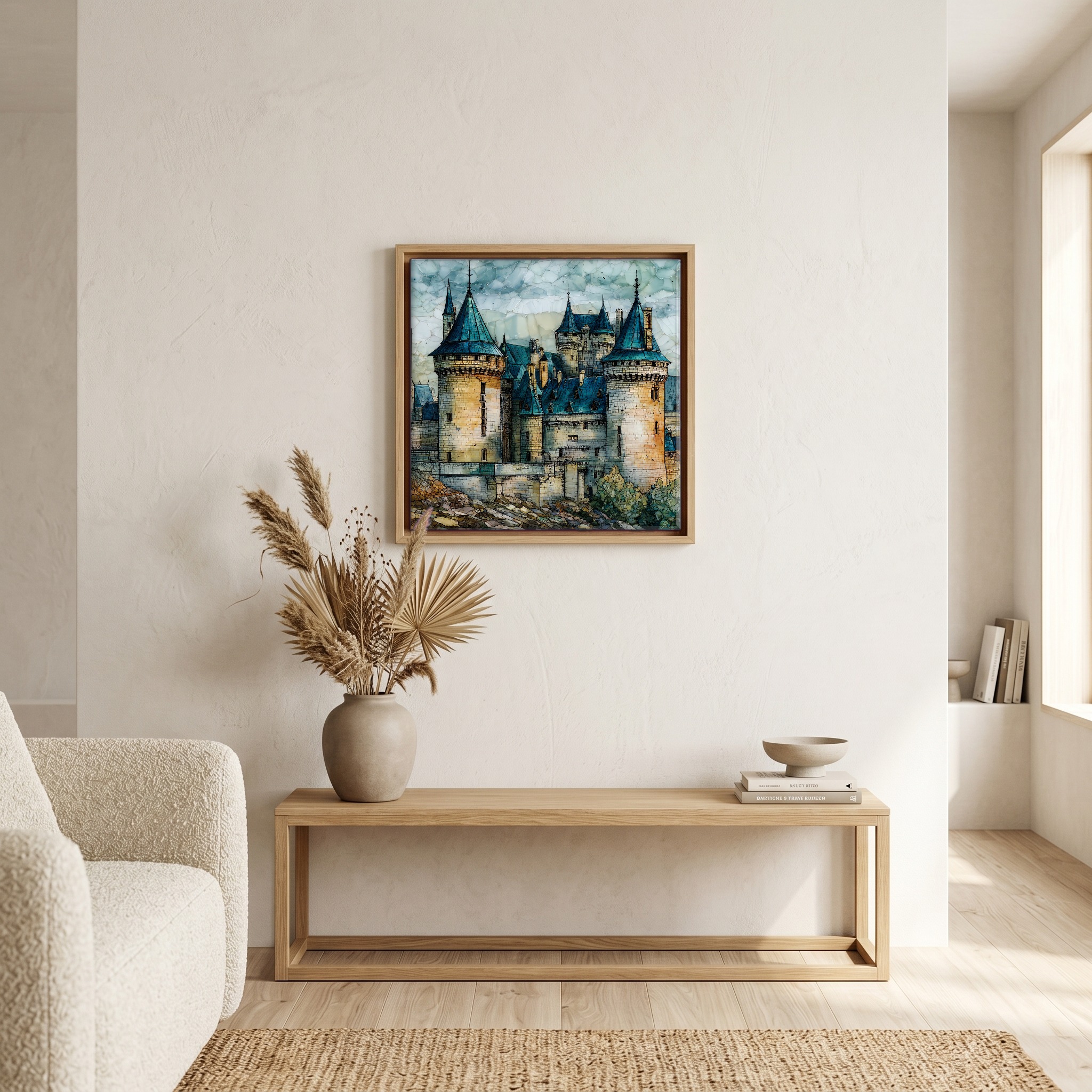 Above the bench, in a warm oak surround.