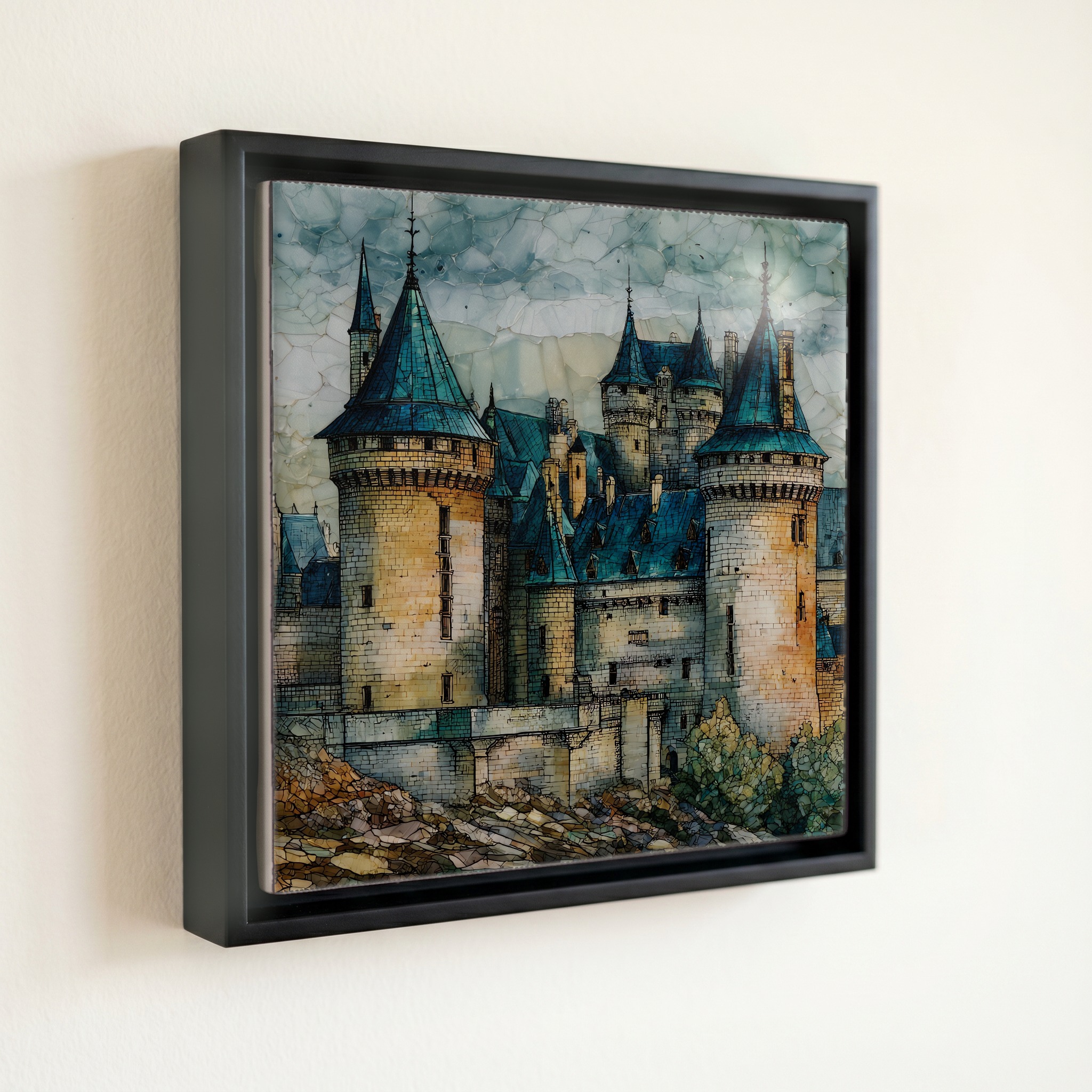 shown in a slim black floating frame · 6 × 6 in