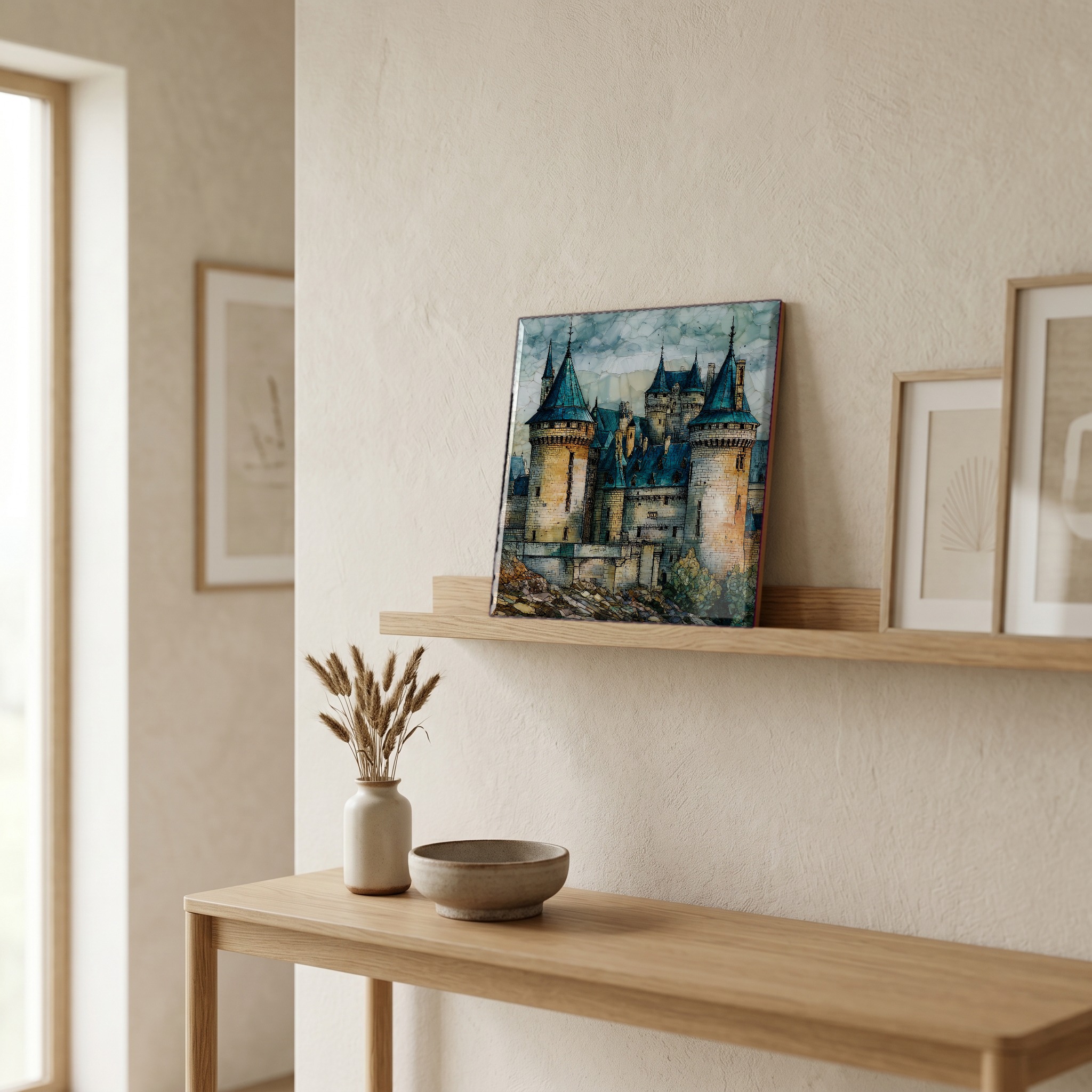 On a picture ledge, where the light comes in.