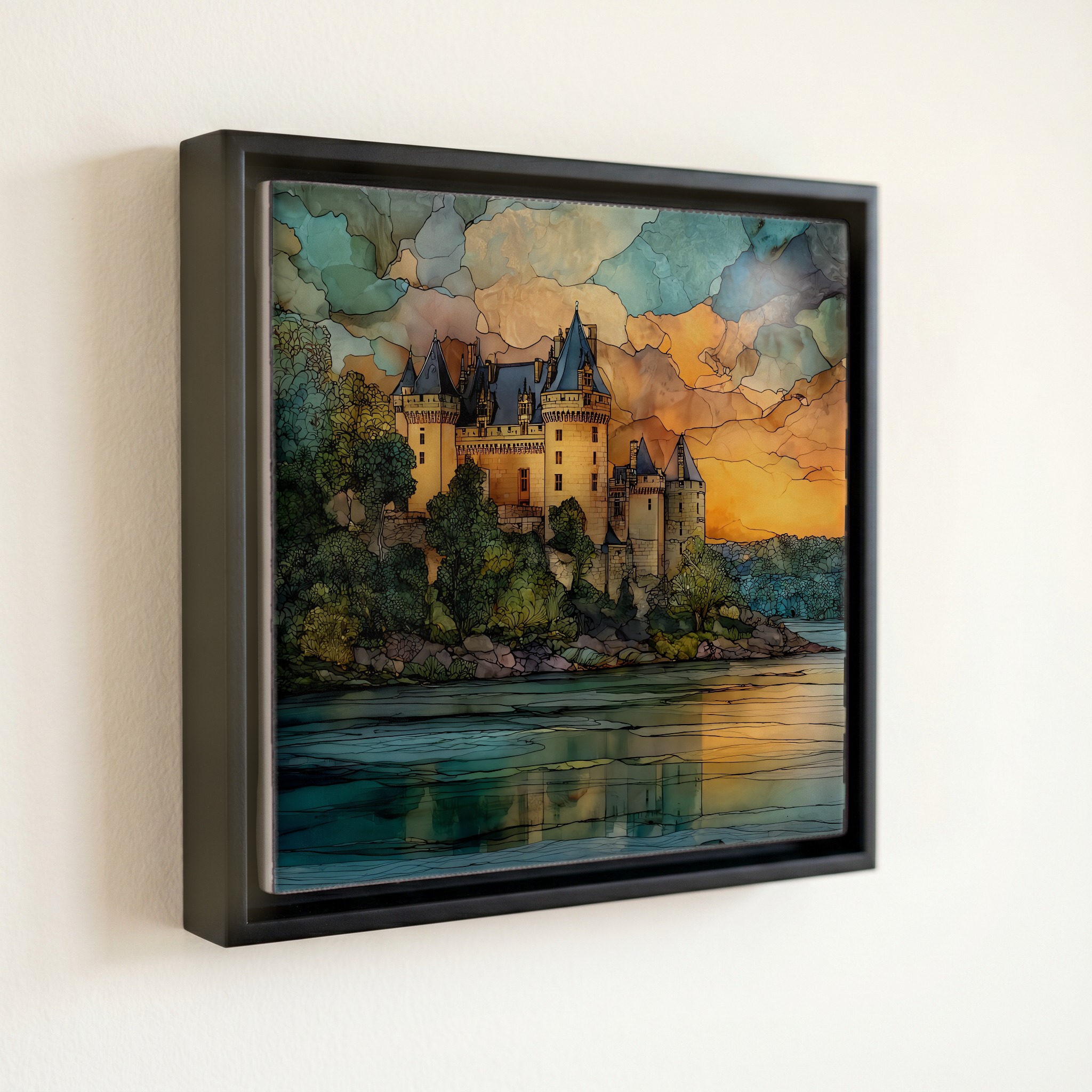 shown in a slim black floating frame · 6 × 6 in