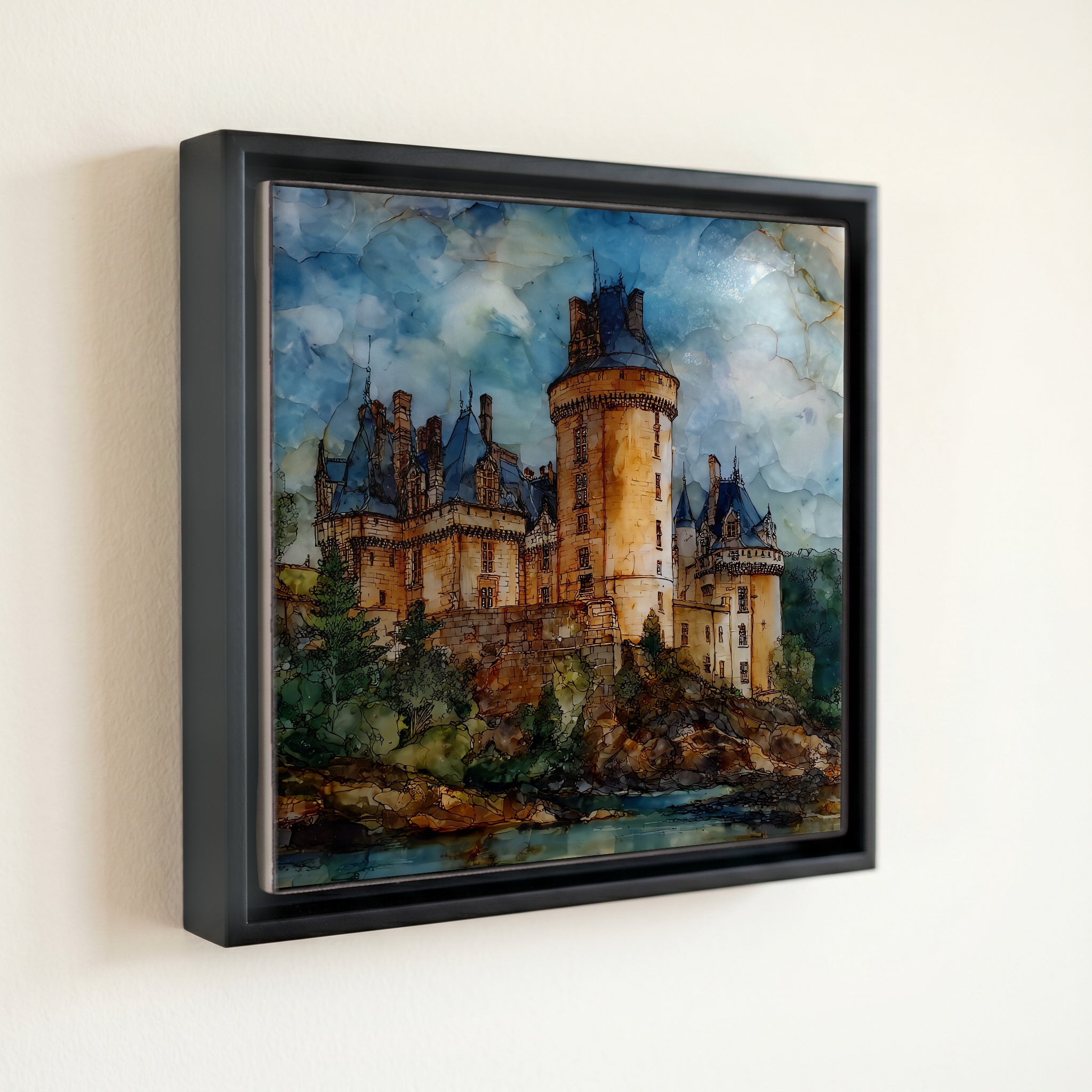 shown in a slim black floating frame · 6 × 6 in