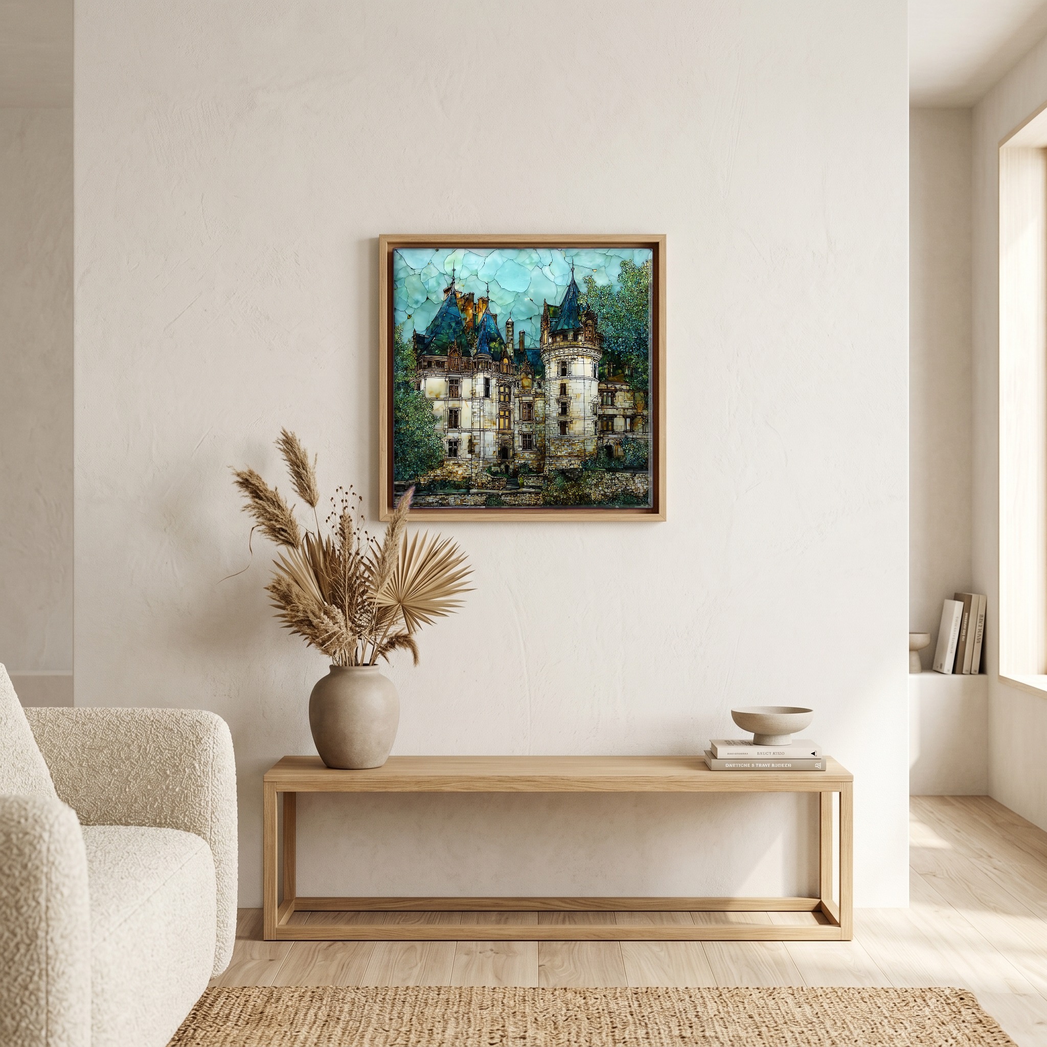 Above the bench, in a warm oak surround.