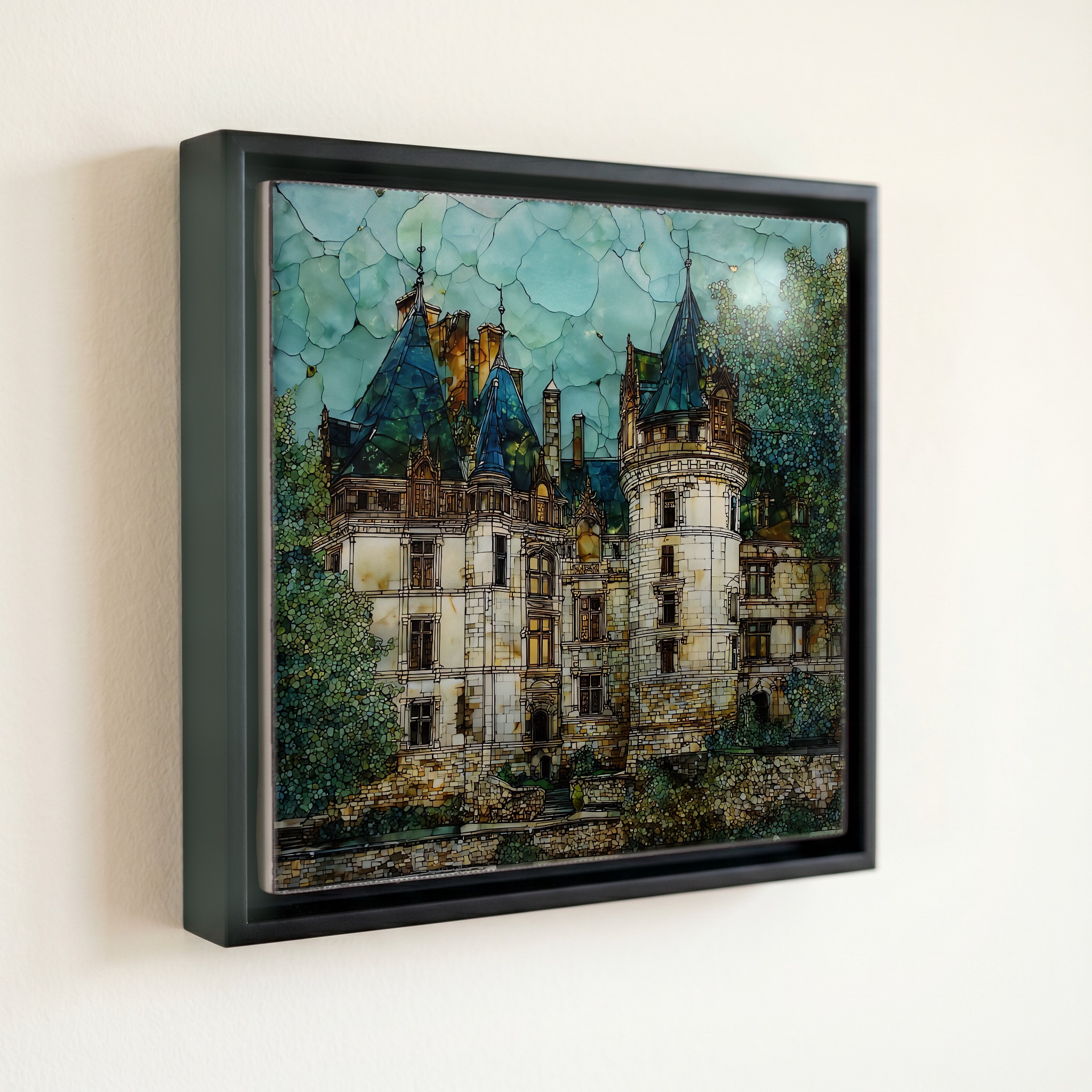 shown in a slim black floating frame · 6 × 6 in