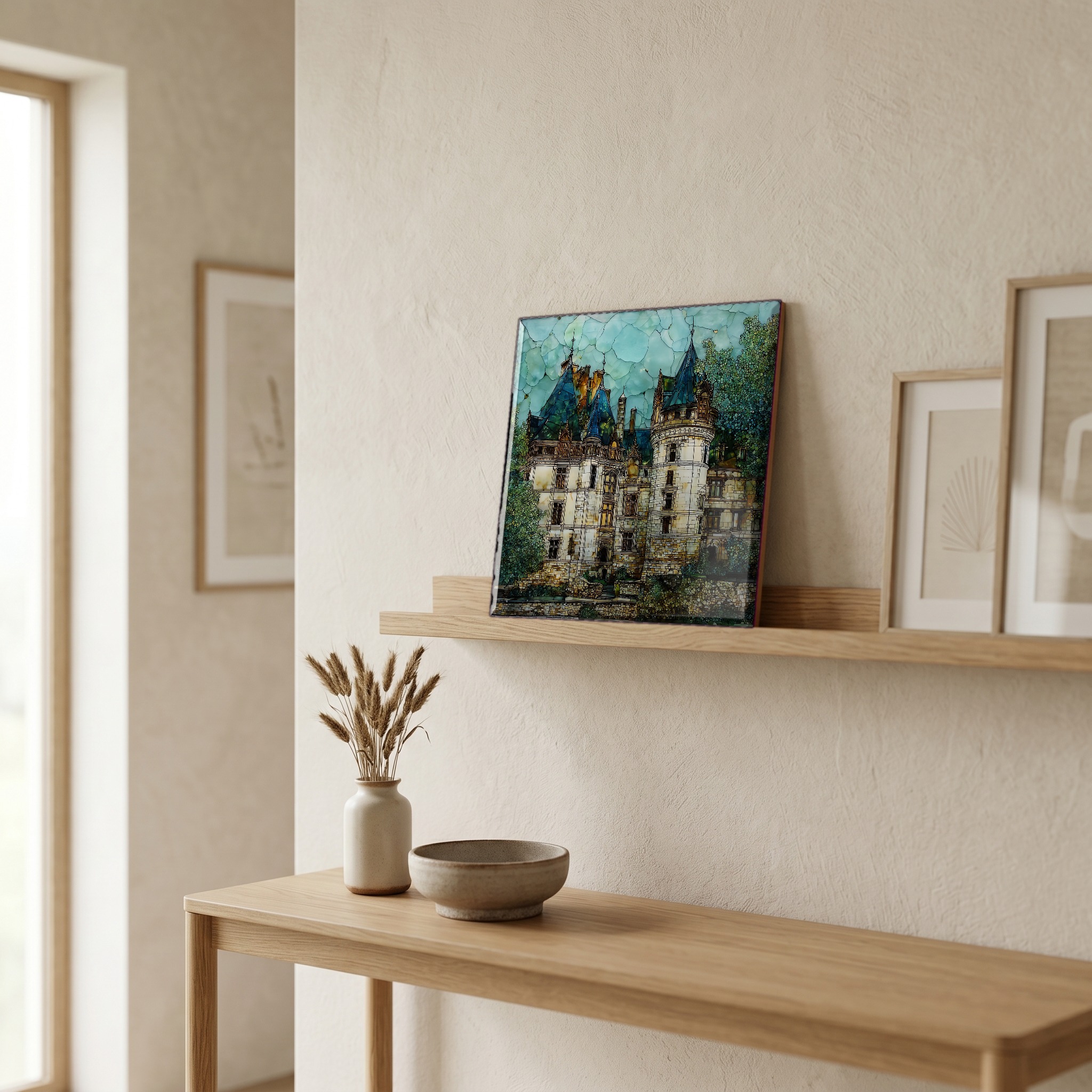 On a picture ledge, where the light comes in.