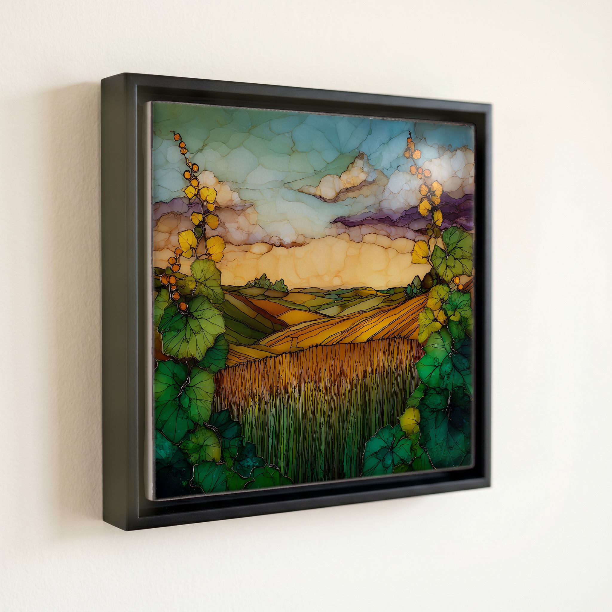 shown in a slim black floating frame · 6 × 6 in