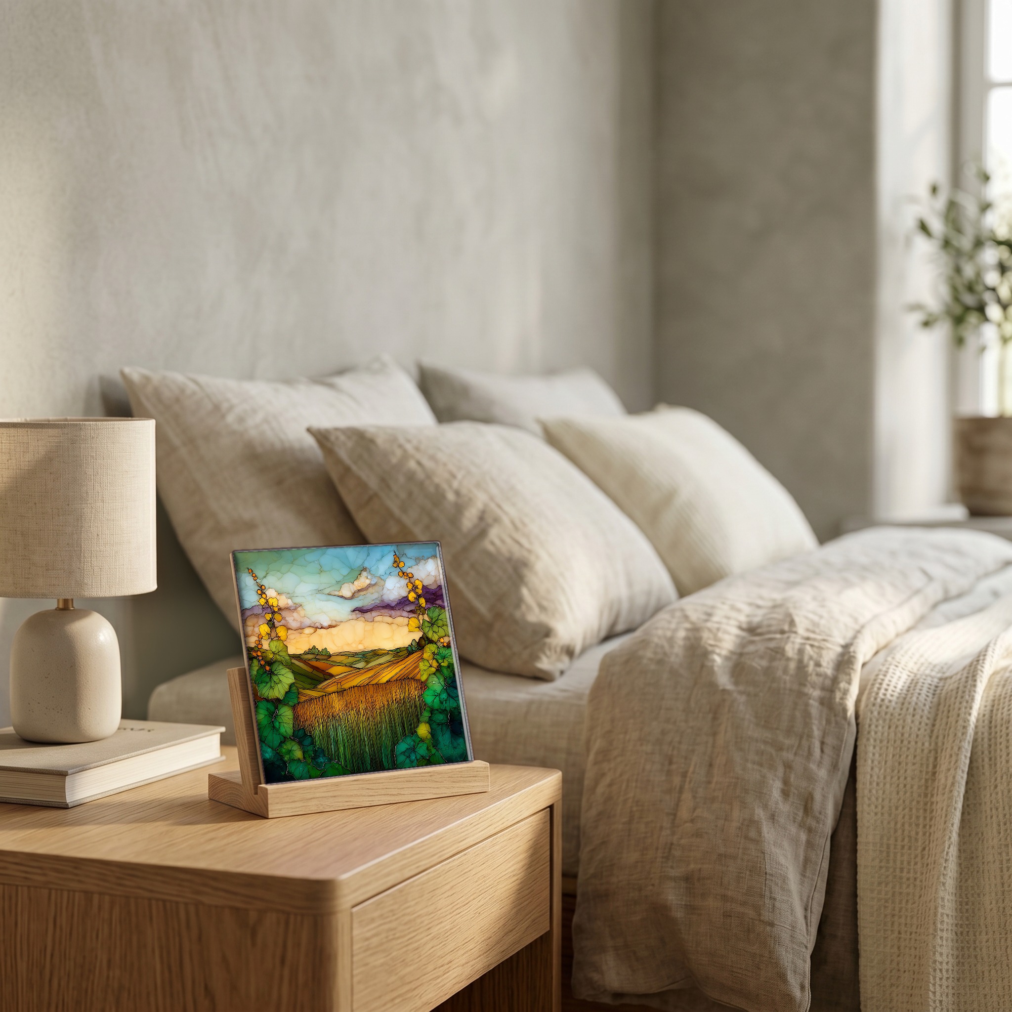 On the nightstand, on a light oak stand.