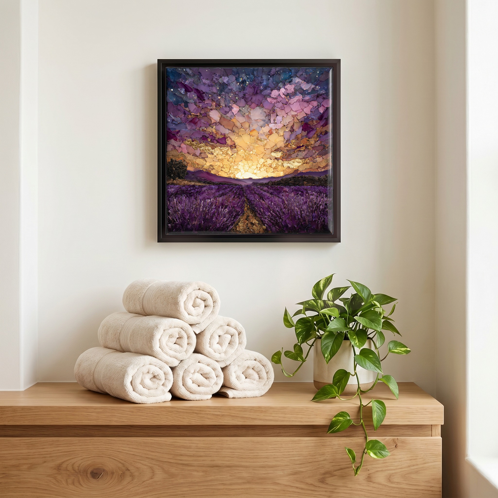 Above the linens, in a slim black surround.