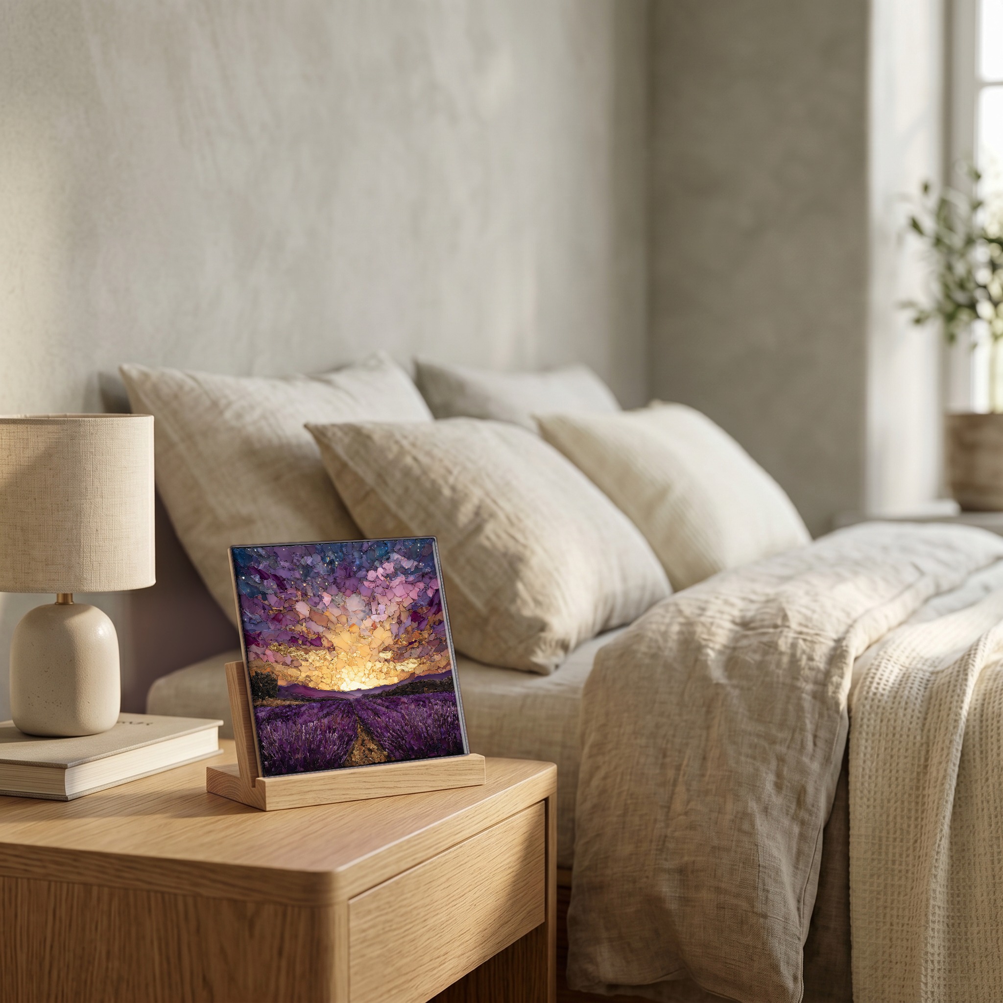 On the nightstand, on a light oak stand.