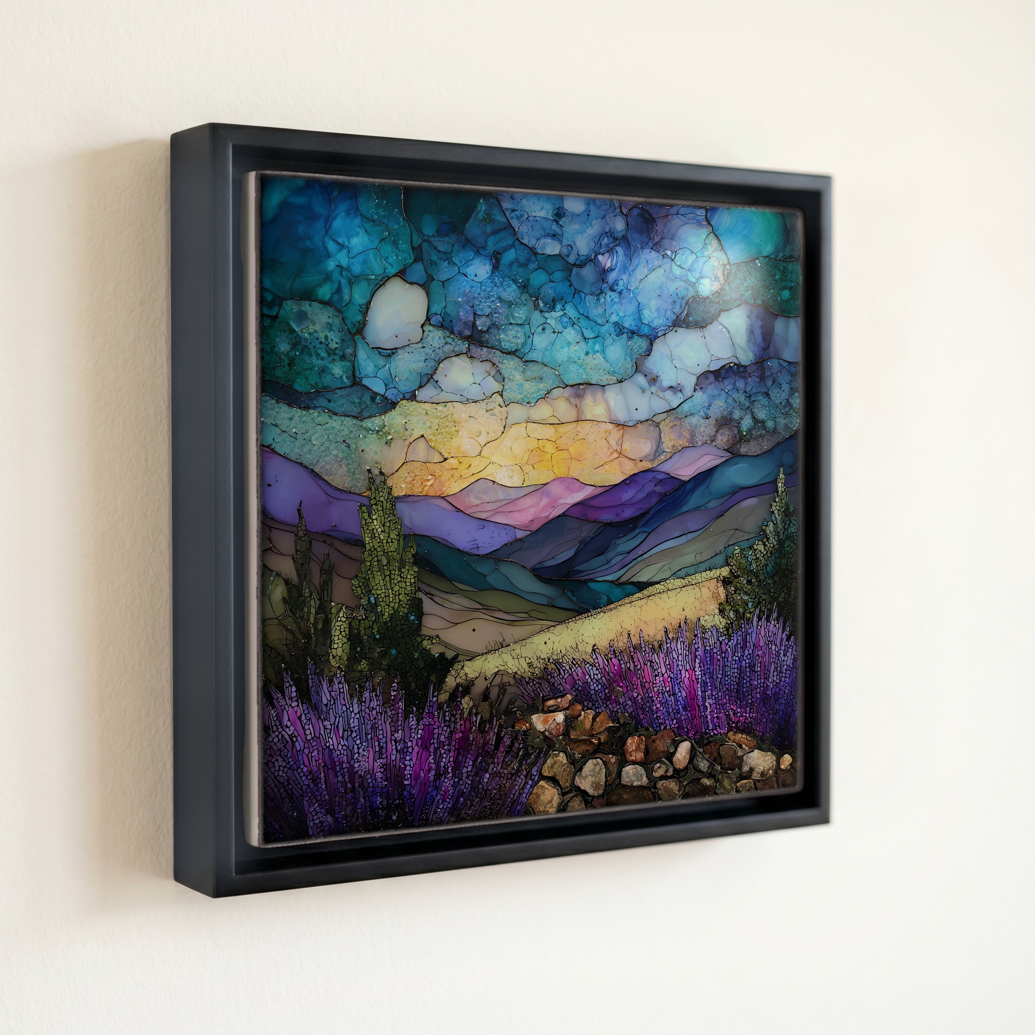 shown in a slim black floating frame · 6 × 6 in