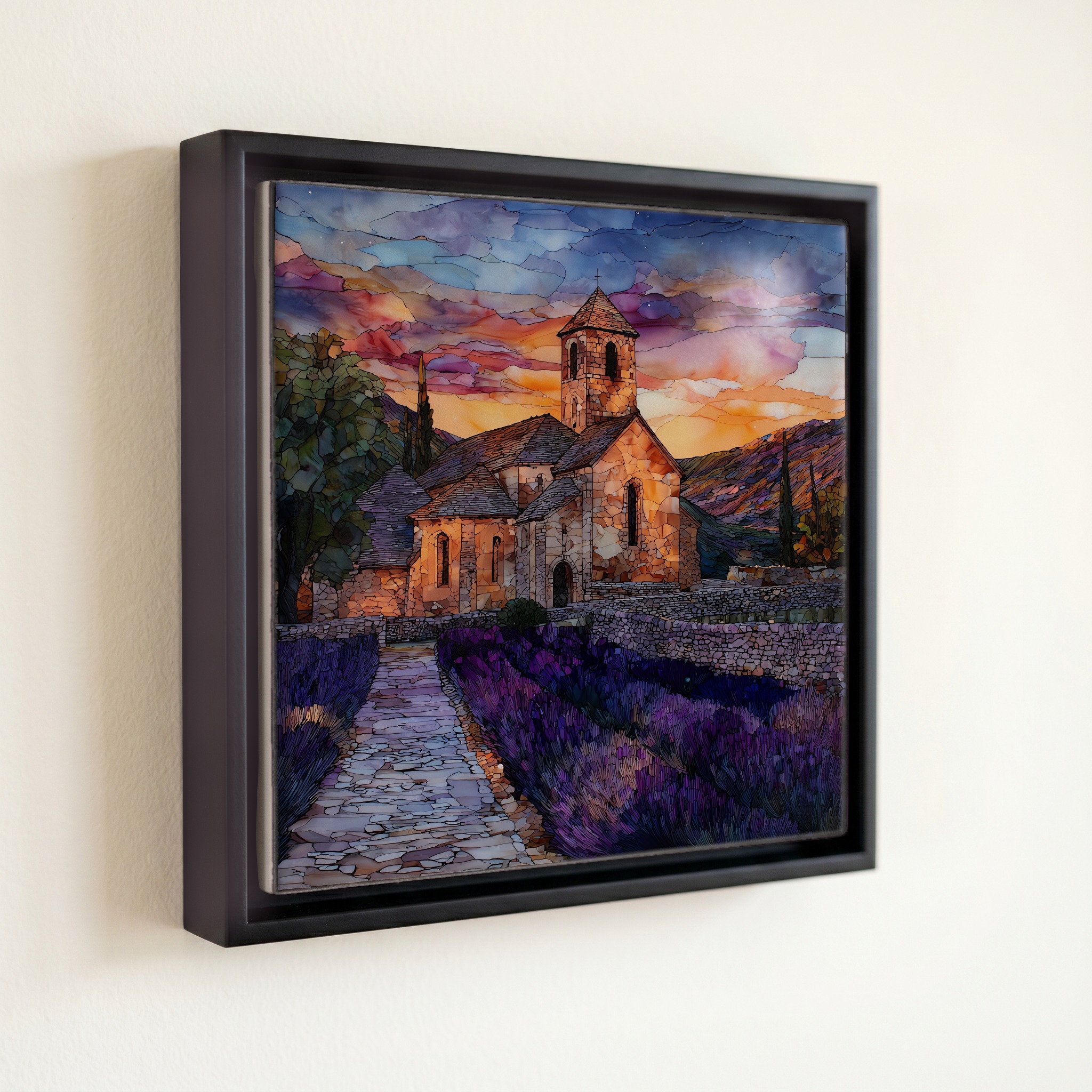shown in a slim black floating frame · 6 × 6 in