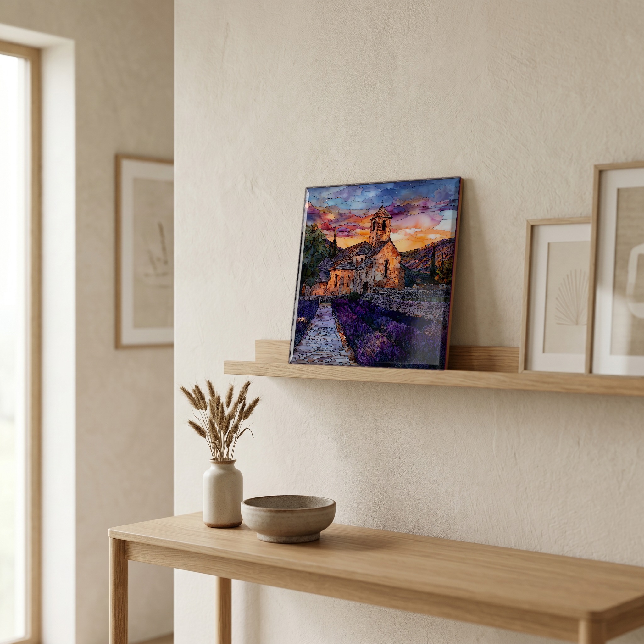 On a picture ledge, where the light comes in.