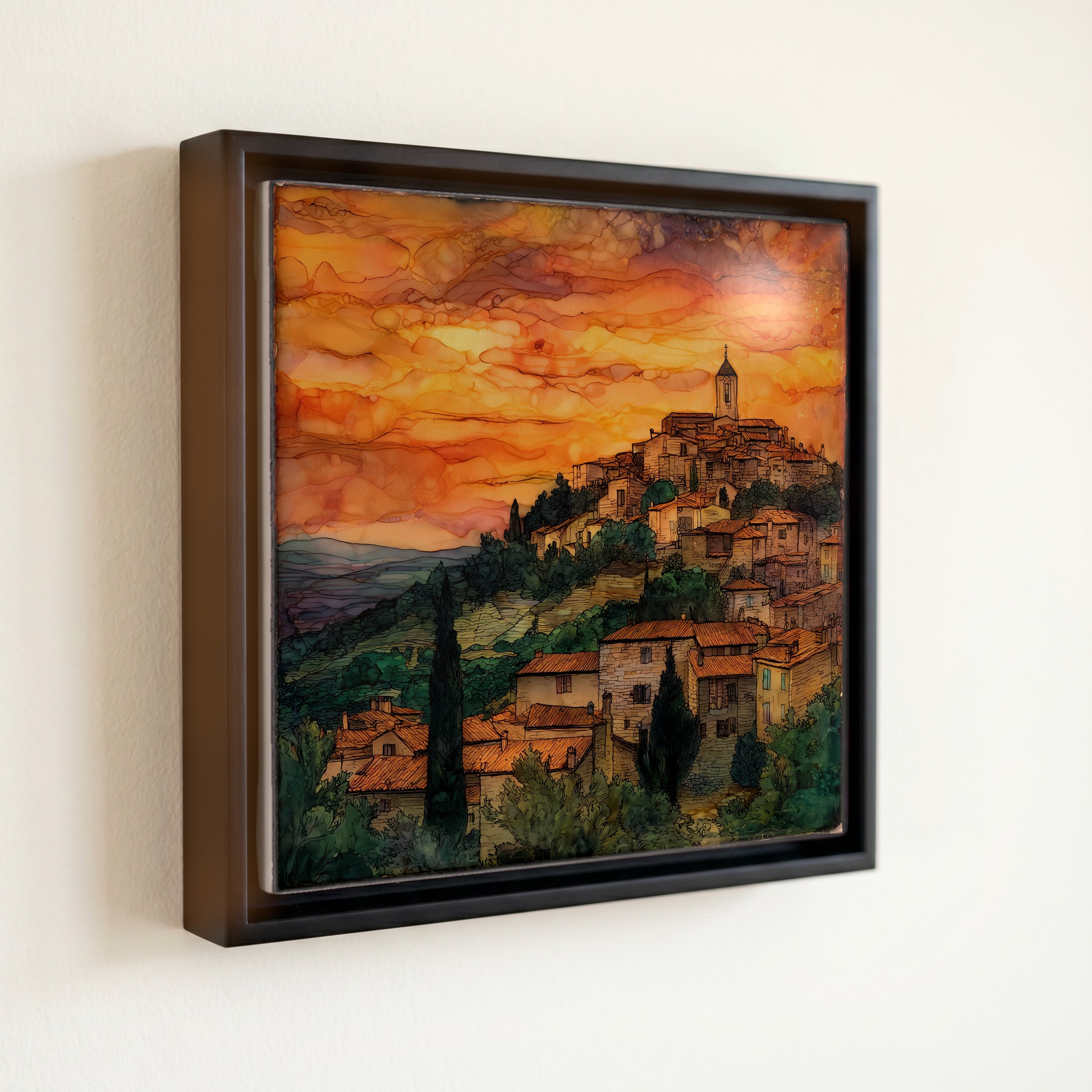shown in a slim black floating frame · 6 × 6 in