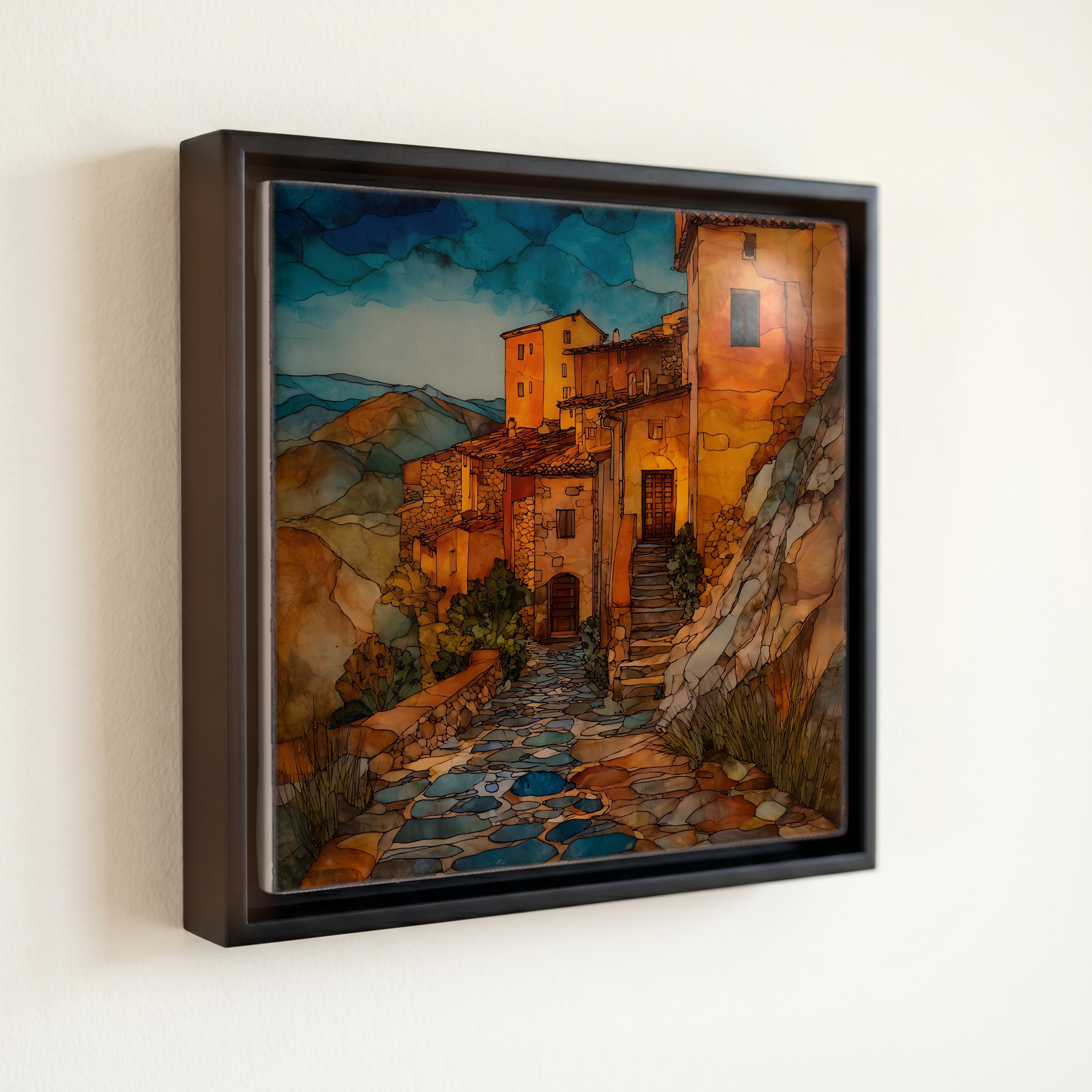 shown in a slim black floating frame · 6 × 6 in