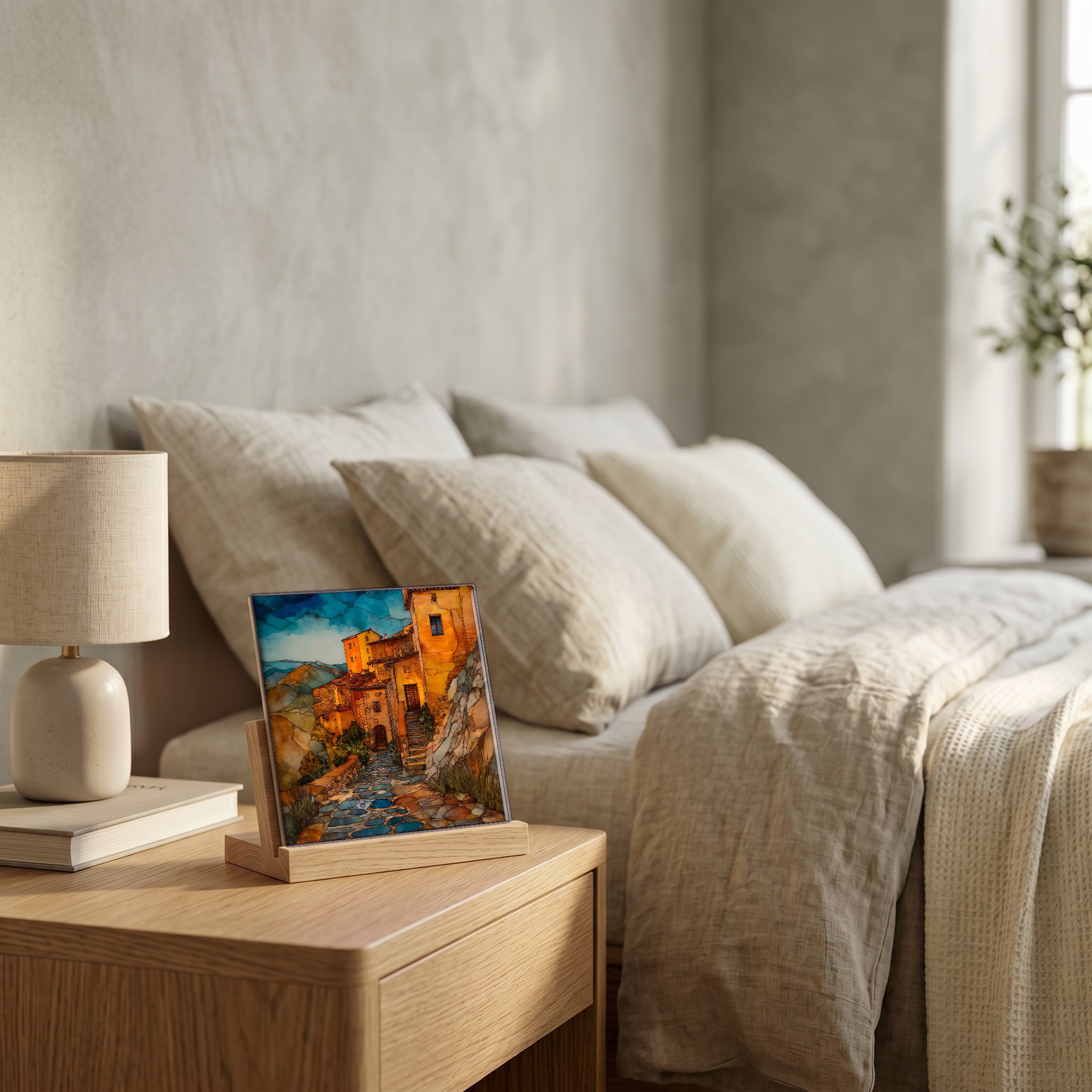 On the nightstand, on a light oak stand.