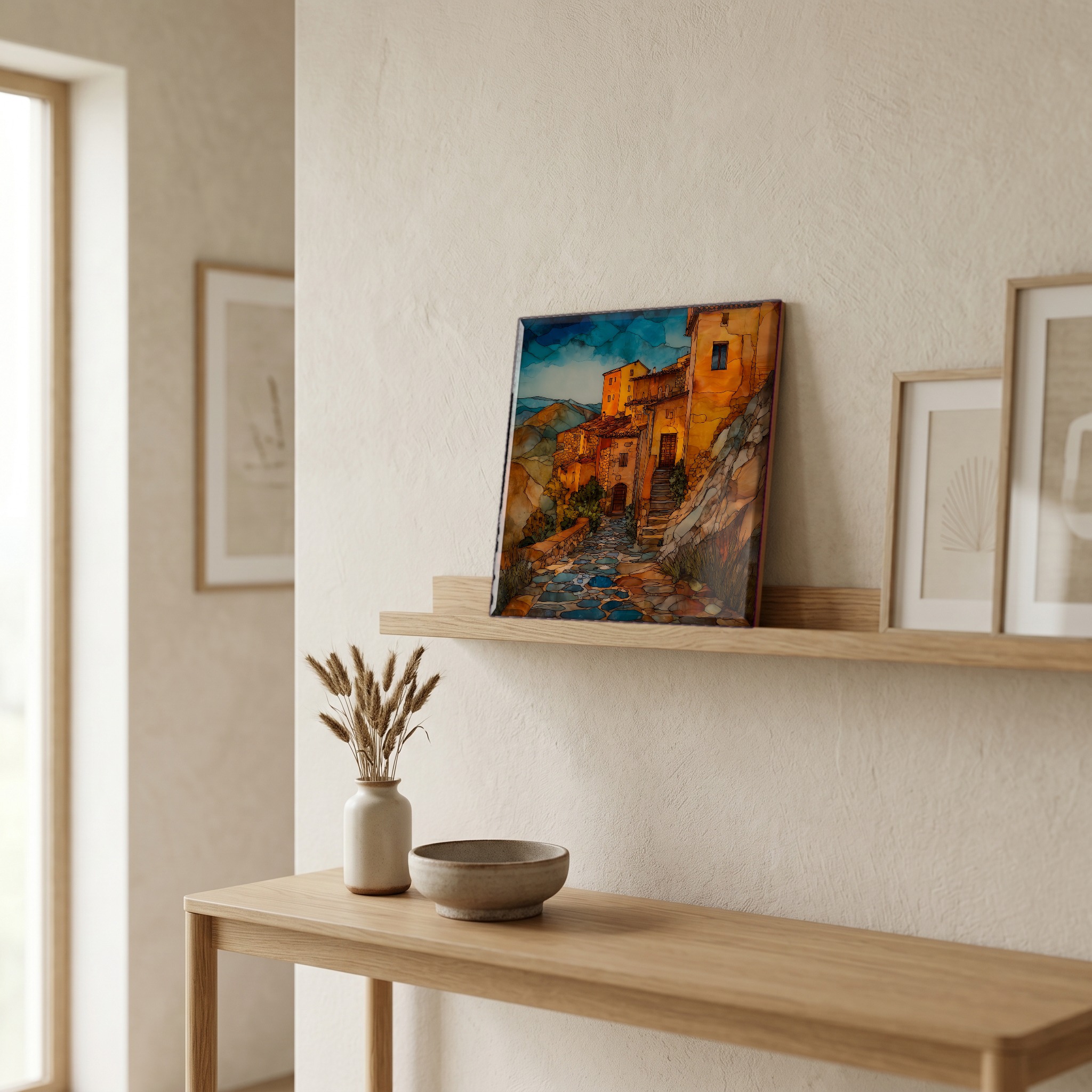 On a picture ledge, where the light comes in.