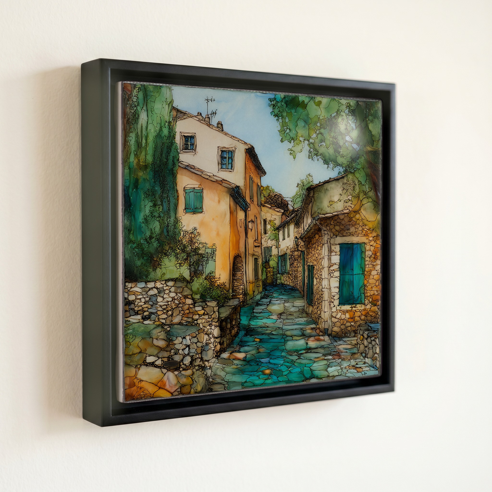 shown in a slim black floating frame · 6 × 6 in