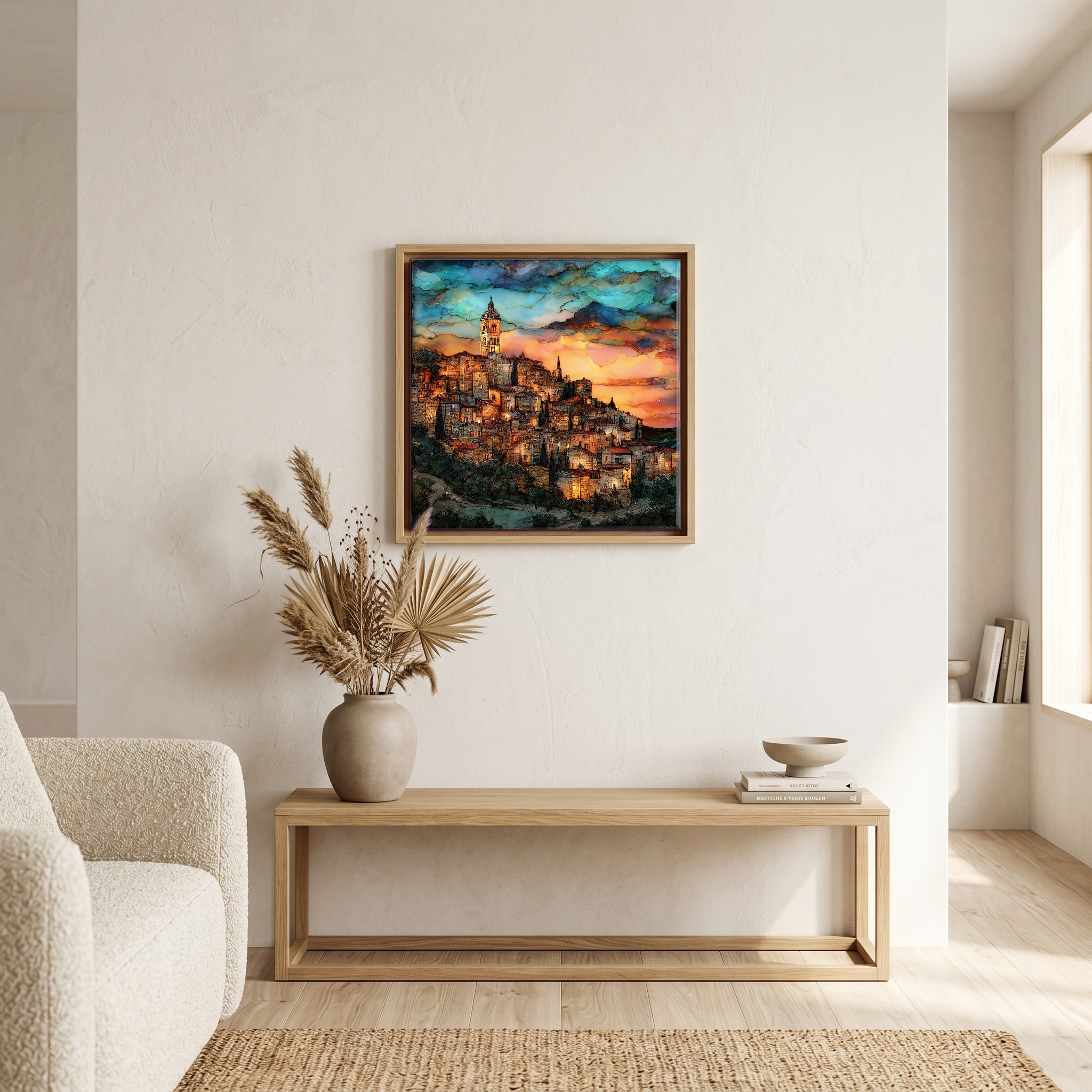 Above the bench, in a warm oak surround.