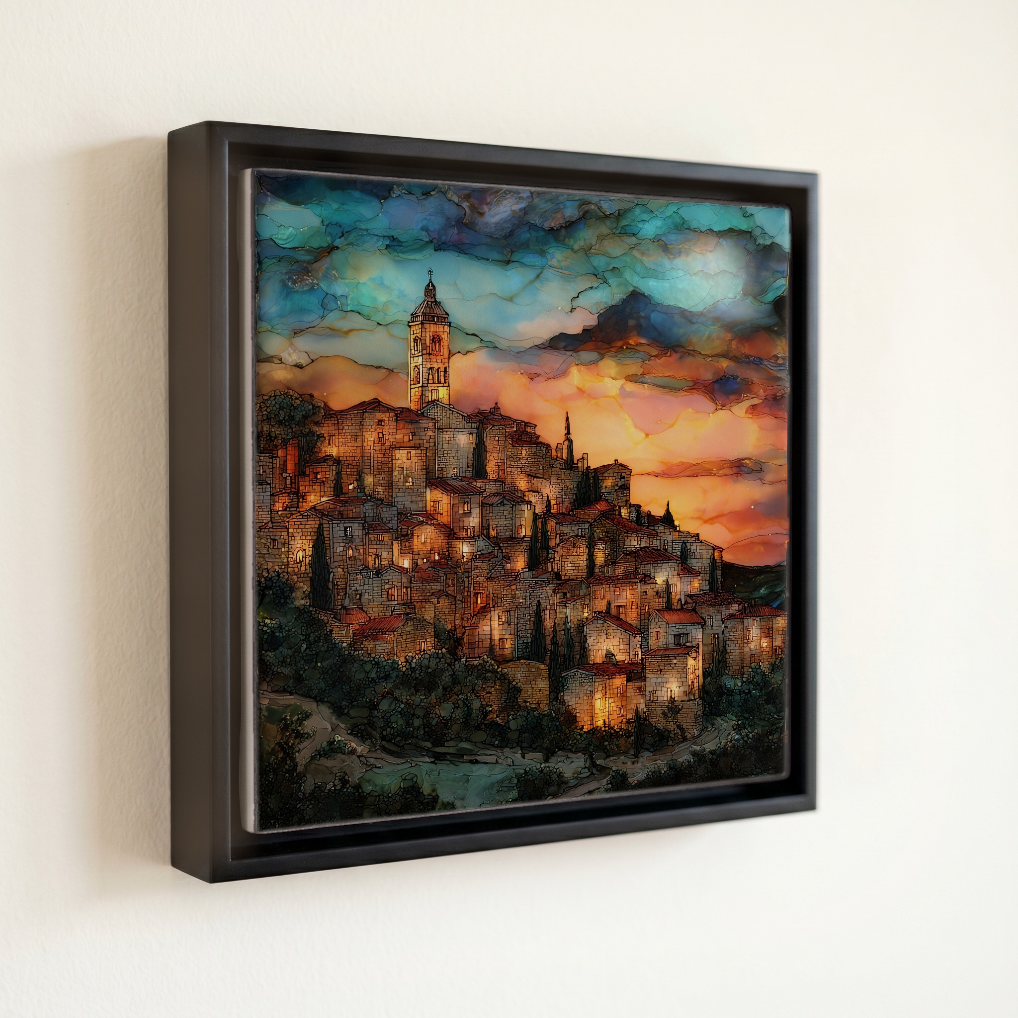 shown in a slim black floating frame · 6 × 6 in