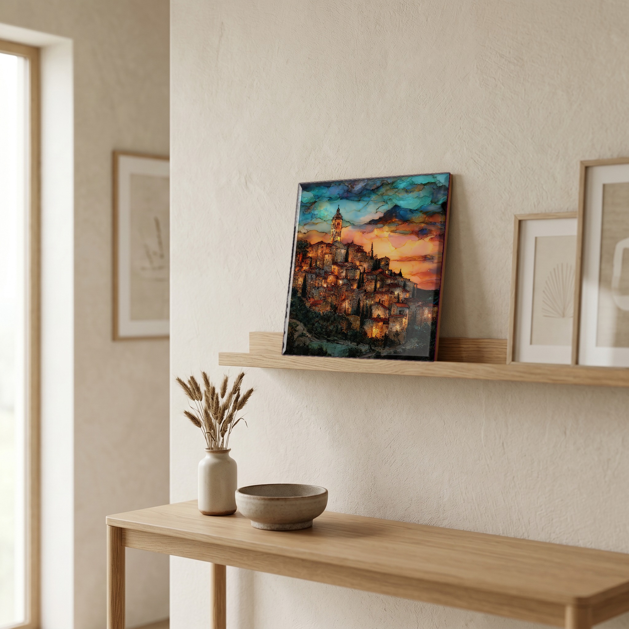 On a picture ledge, where the light comes in.
