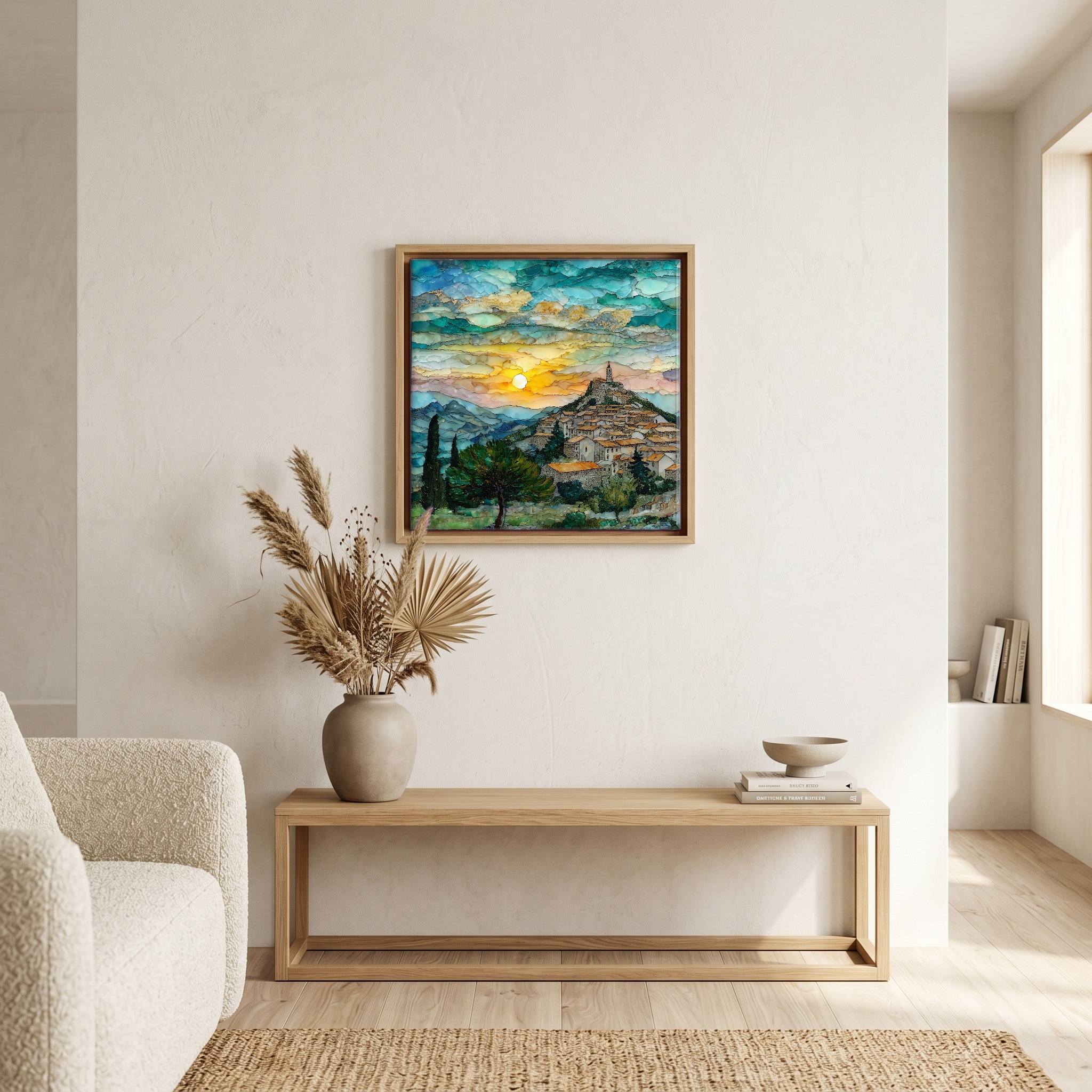 Above the bench, in a warm oak surround.
