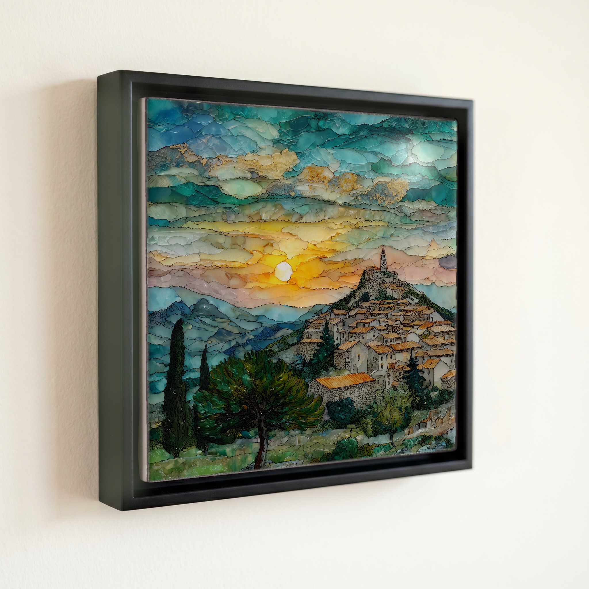 shown in a slim black floating frame · 6 × 6 in