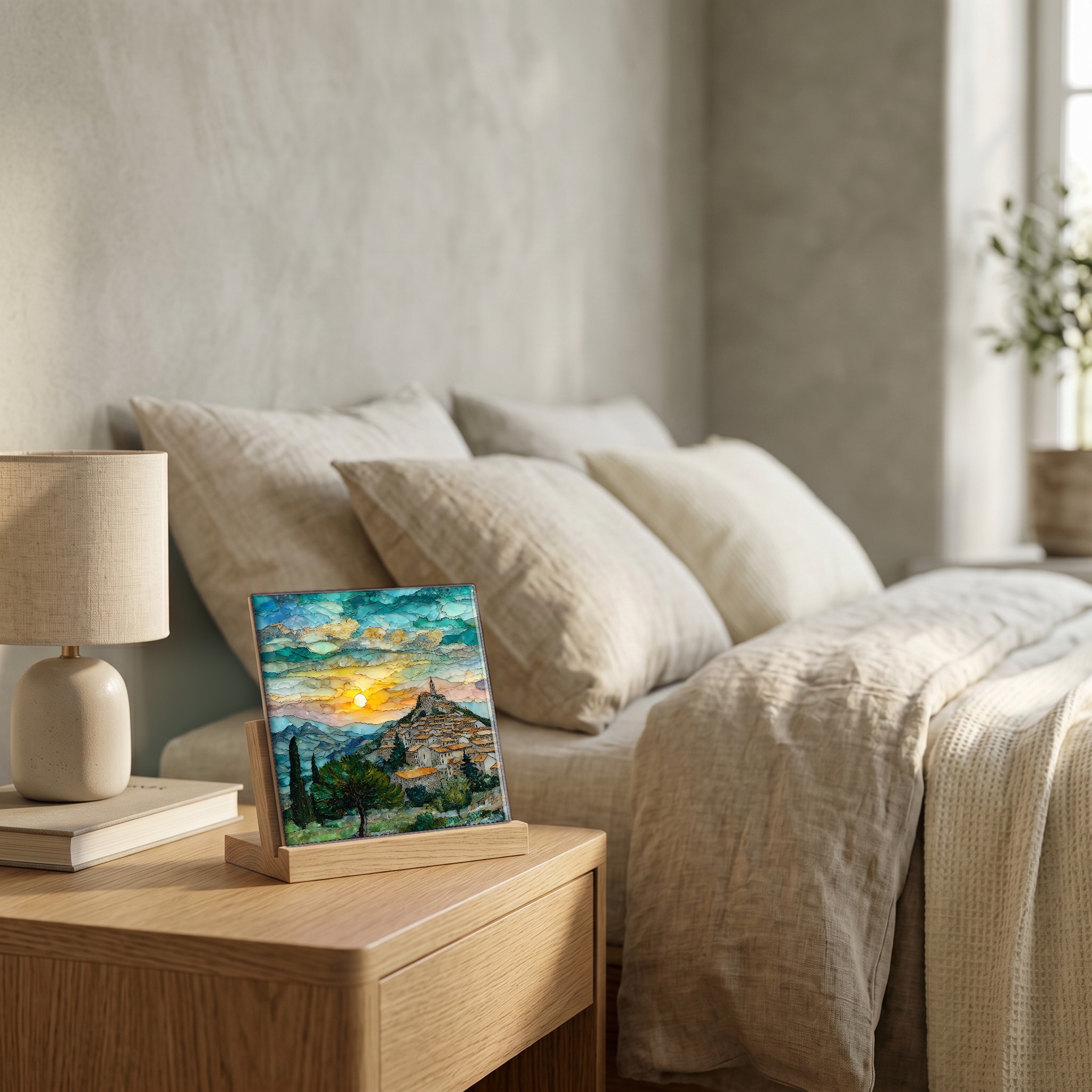 On the nightstand, on a light oak stand.