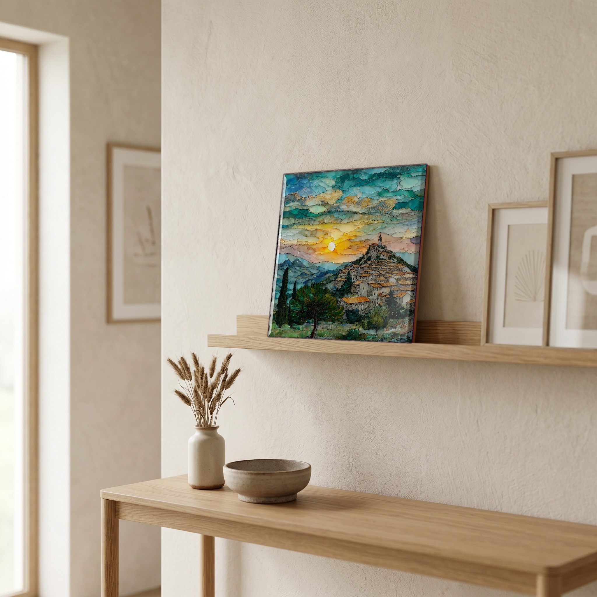 On a picture ledge, where the light comes in.
