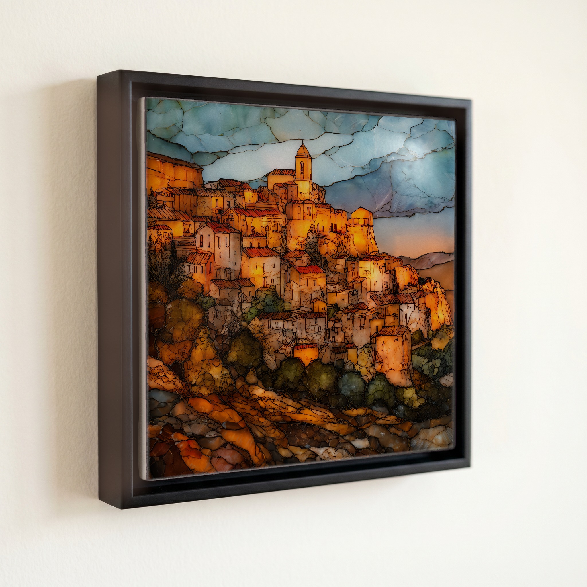 shown in a slim black floating frame · 6 × 6 in