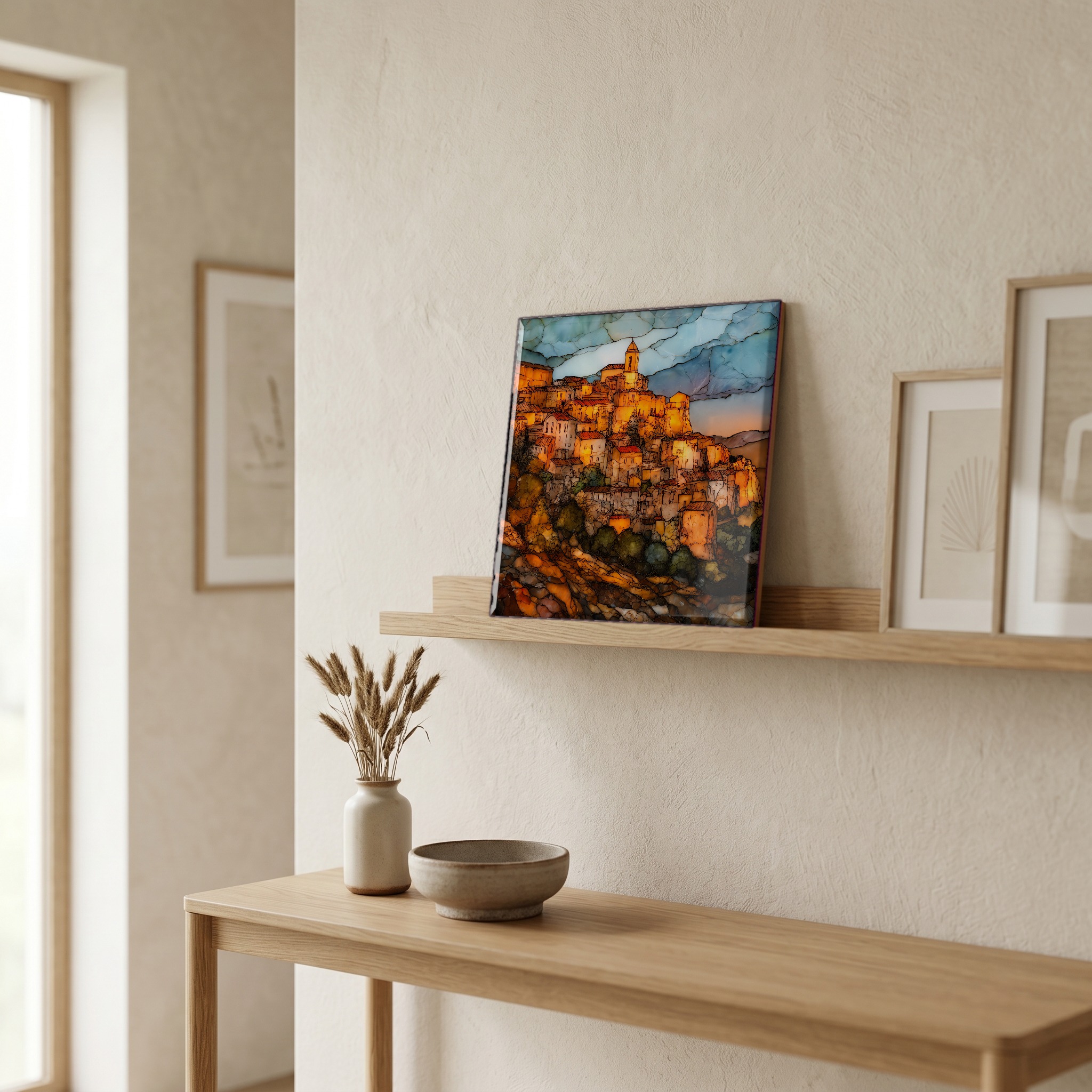 On a picture ledge, where the light comes in.