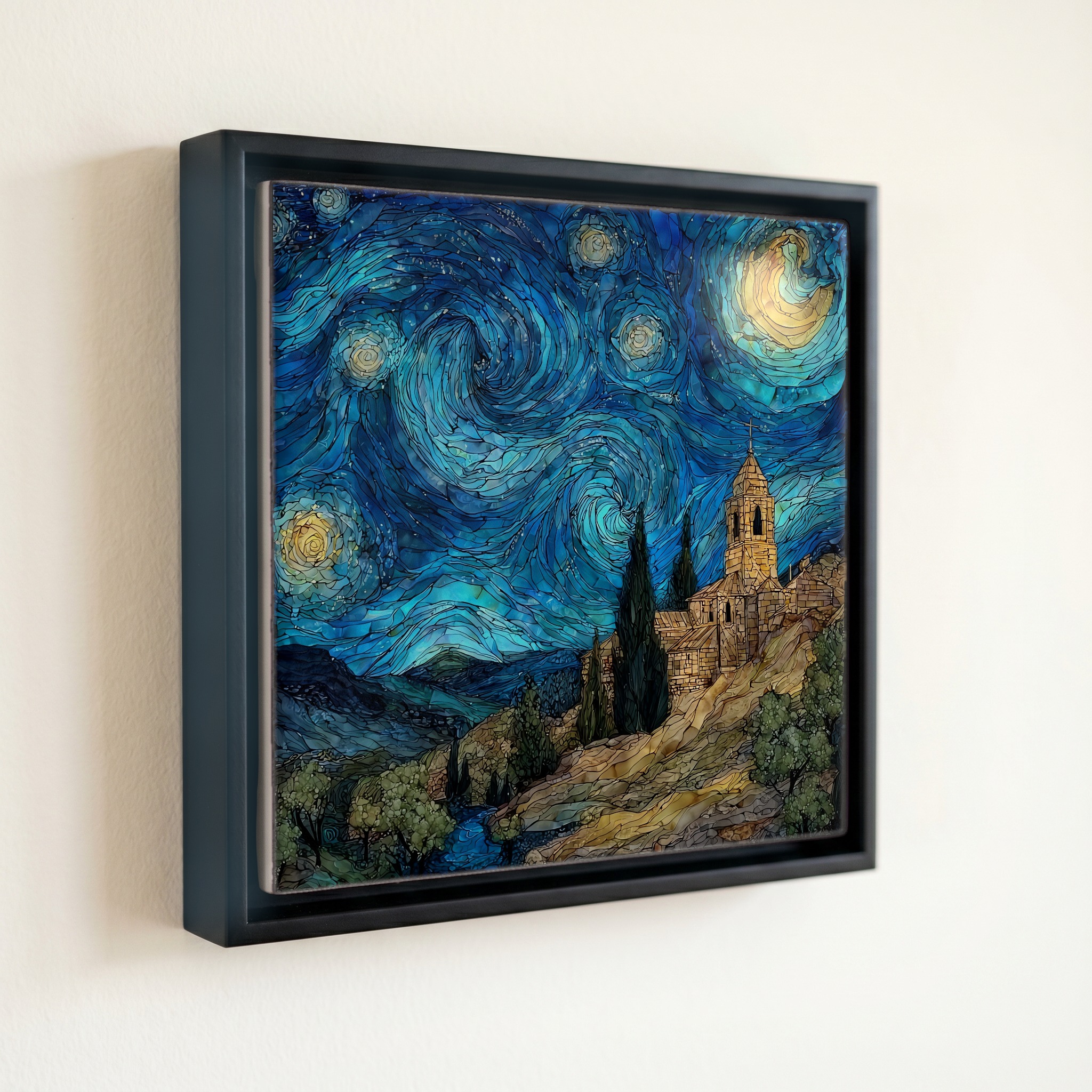 shown in a slim black floating frame · 6 × 6 in