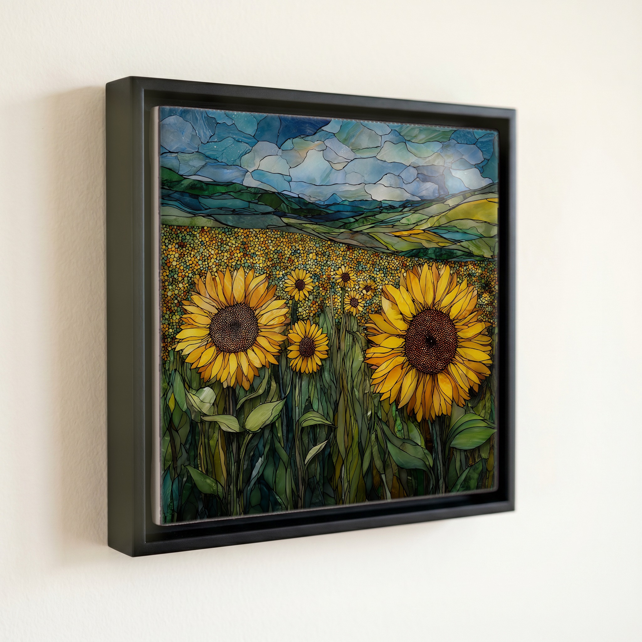 shown in a slim black floating frame · 6 × 6 in