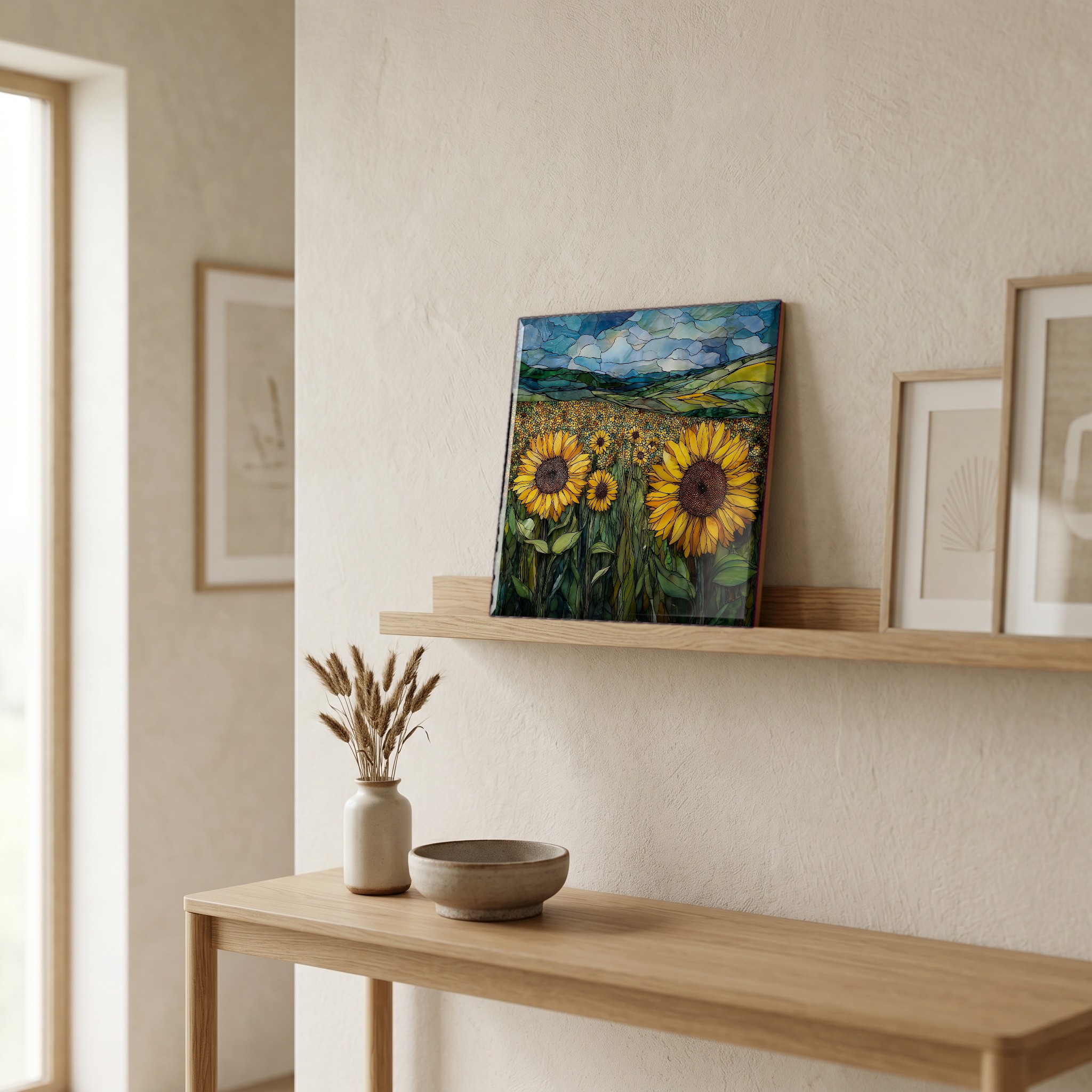 On a picture ledge, where the light comes in.