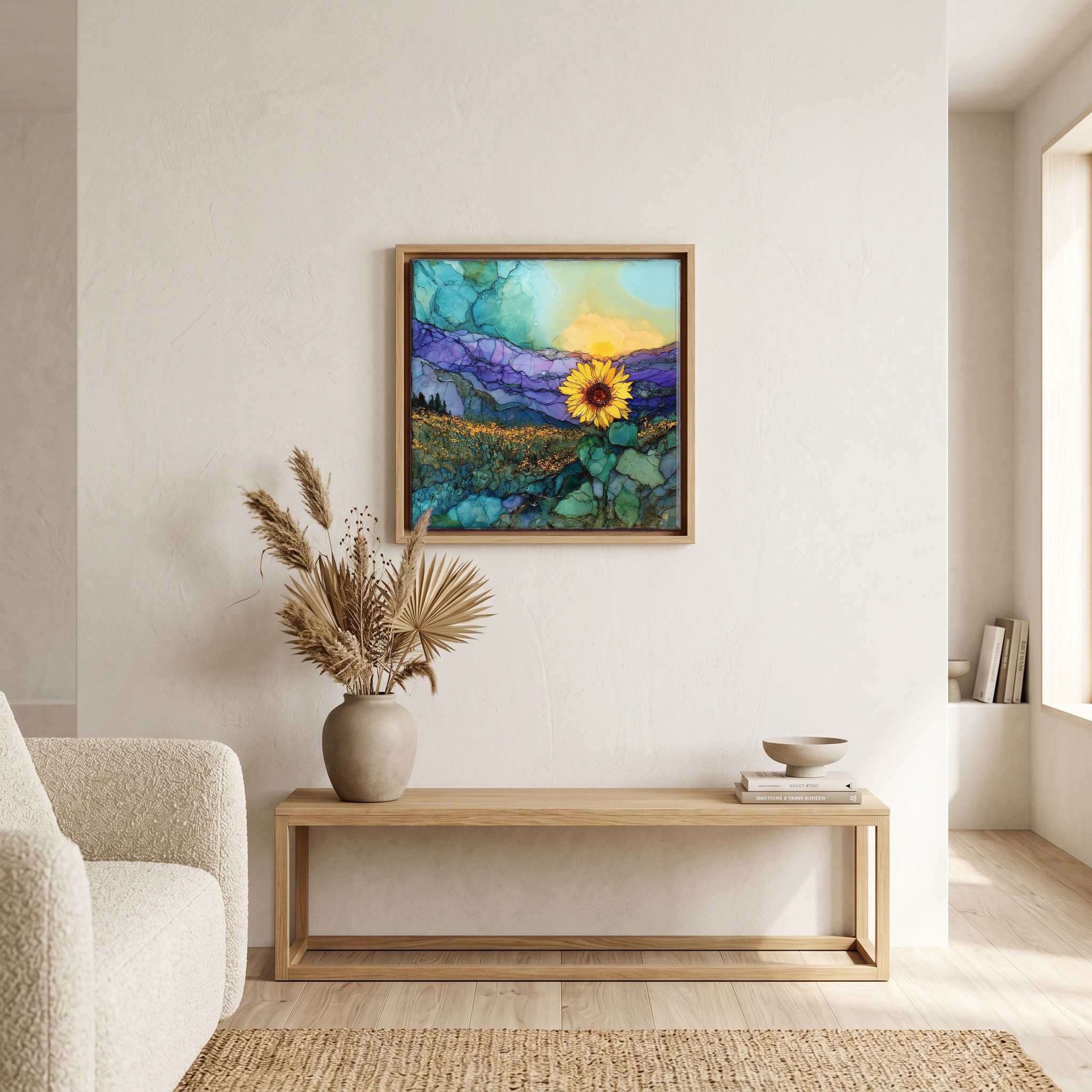 Above the bench, in a warm oak surround.