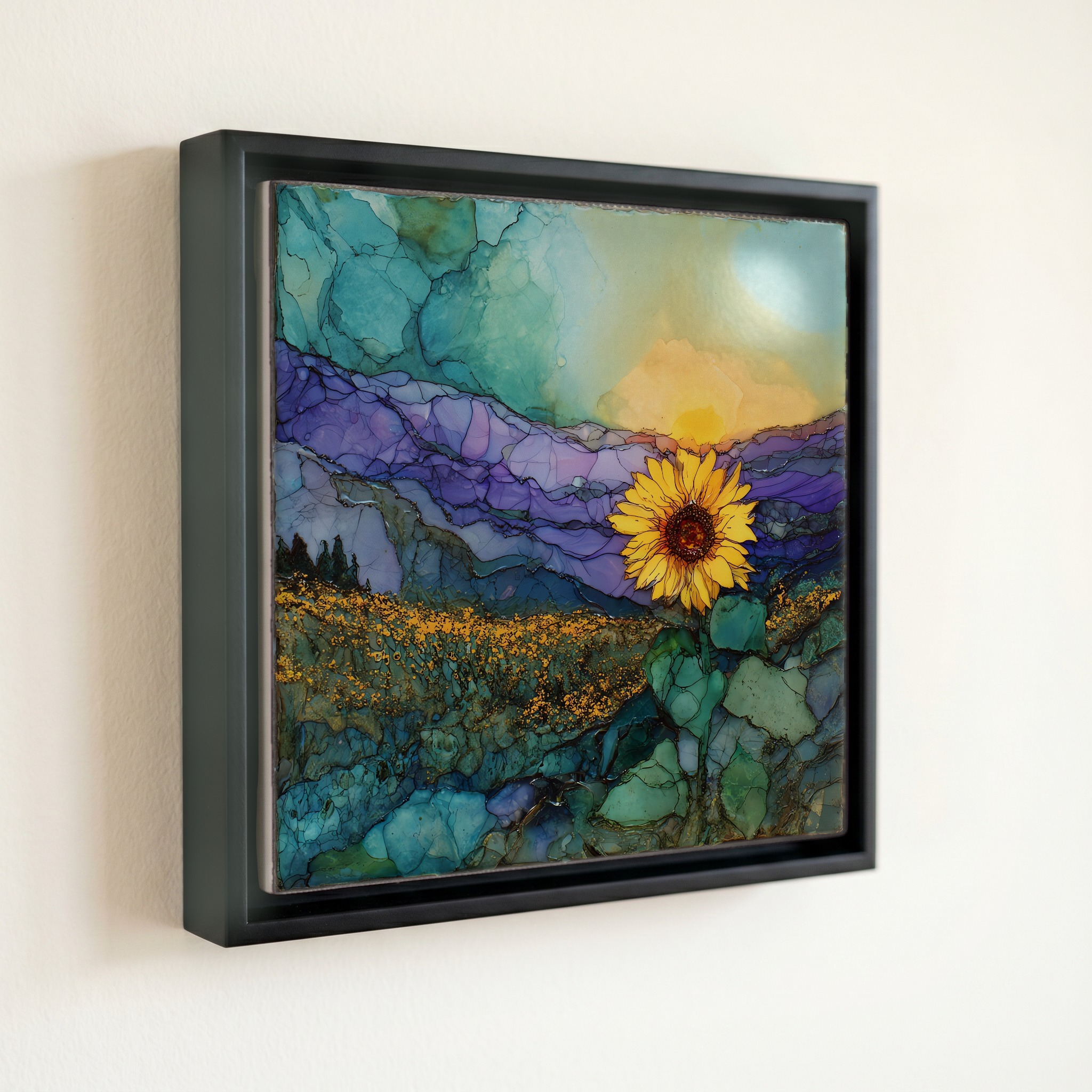 shown in a slim black floating frame · 6 × 6 in