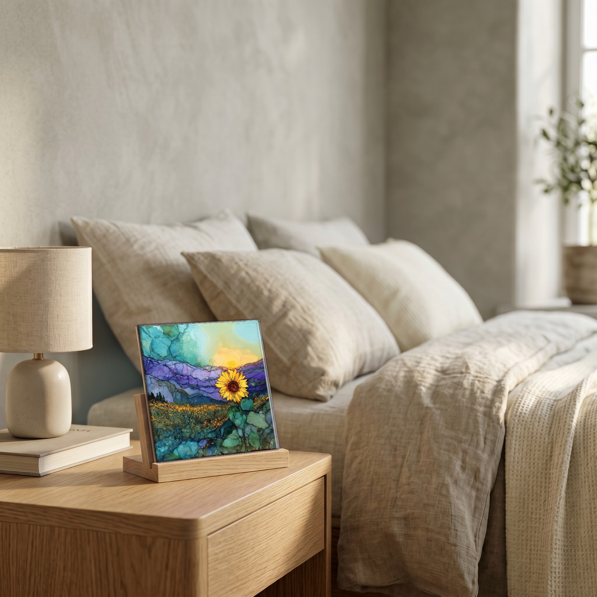 On the nightstand, on a light oak stand.