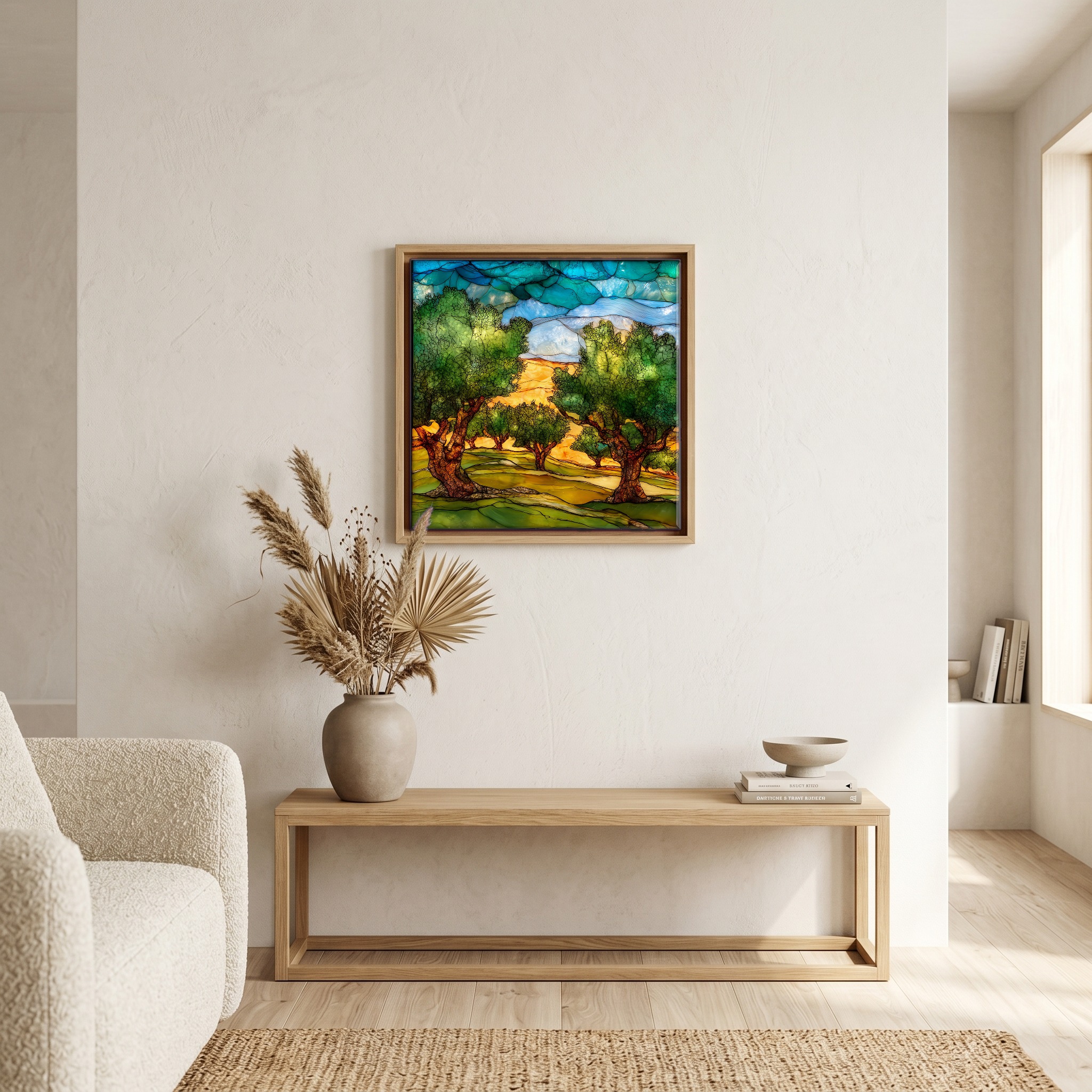 Above the bench, in a warm oak surround.