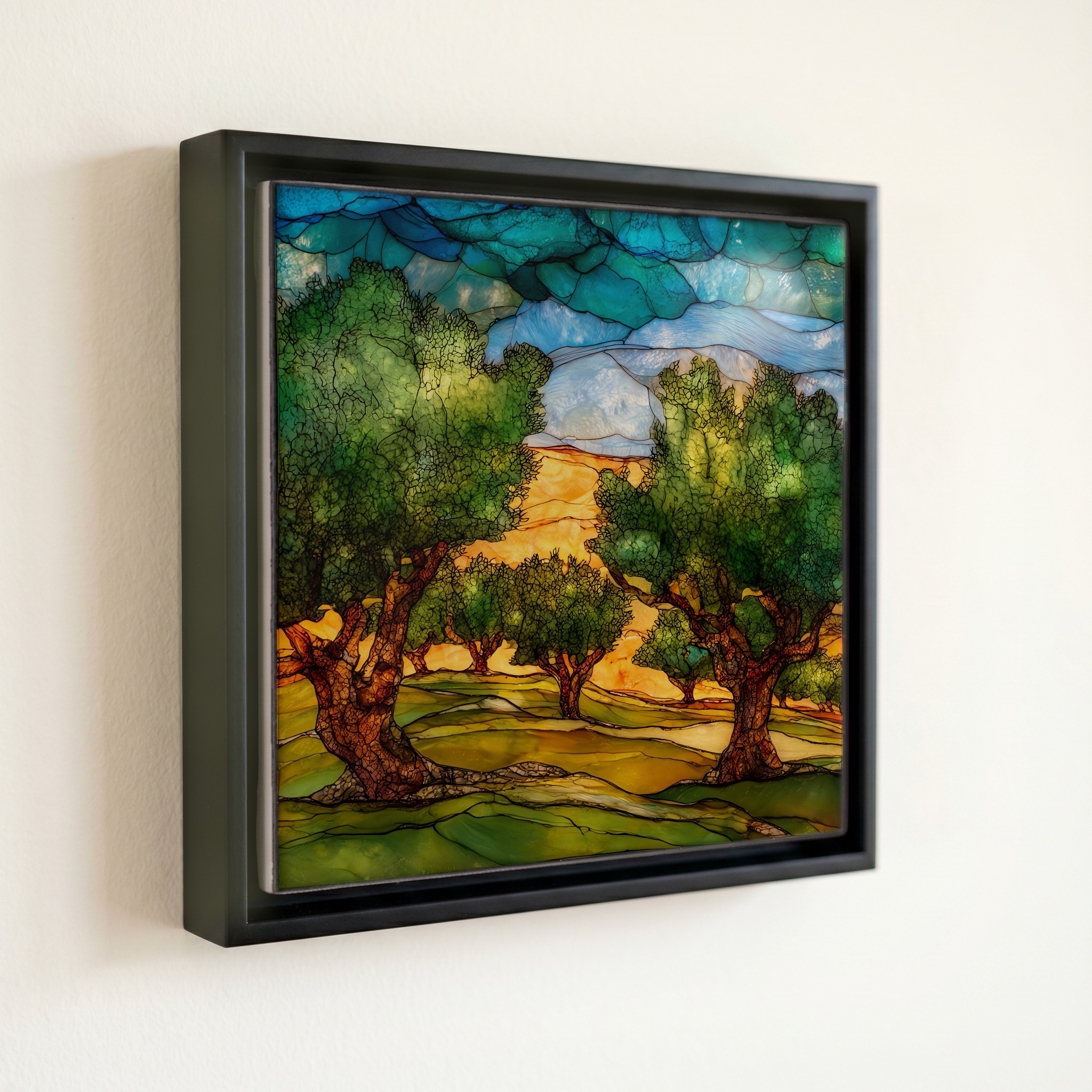 shown in a slim black floating frame · 6 × 6 in