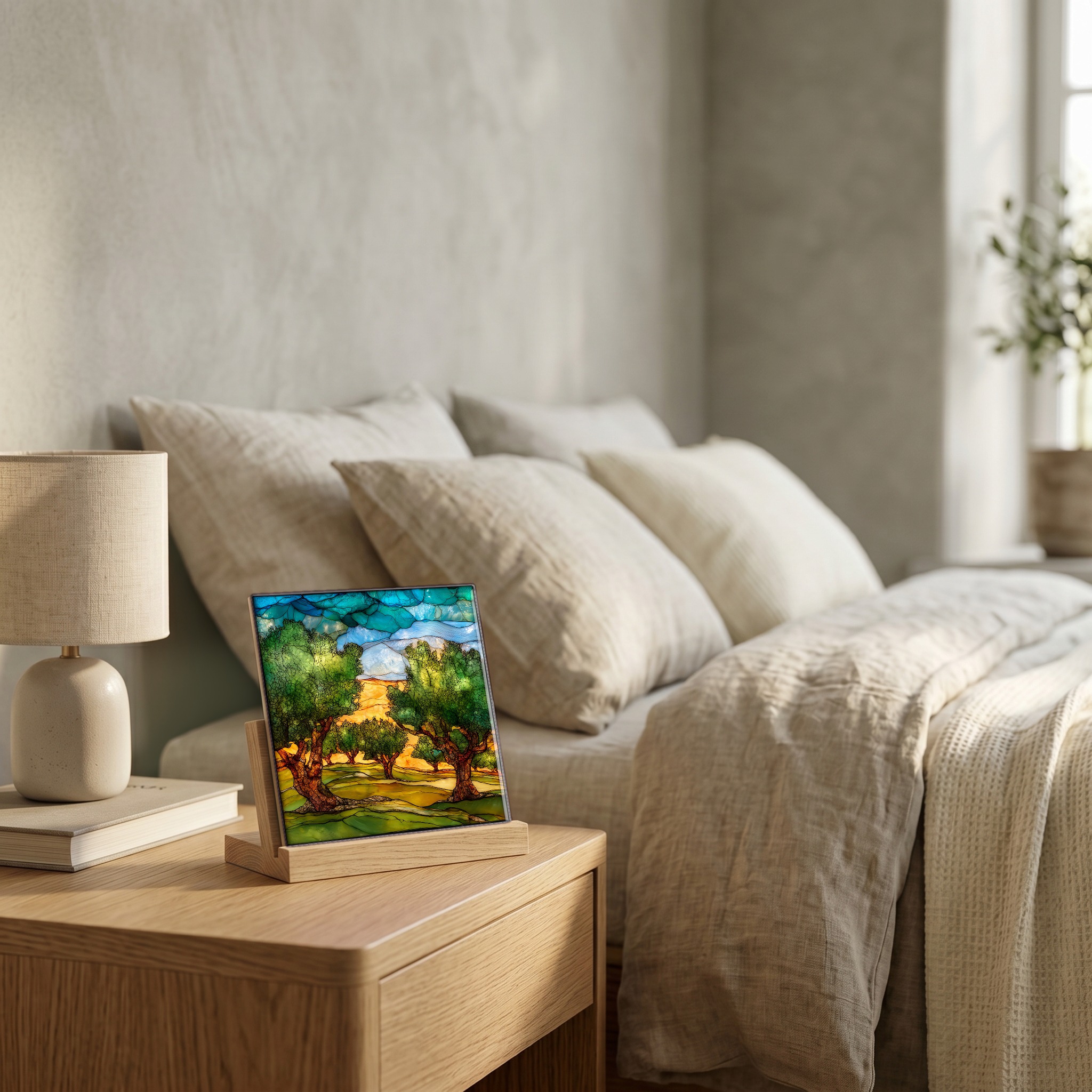 On the nightstand, on a light oak stand.