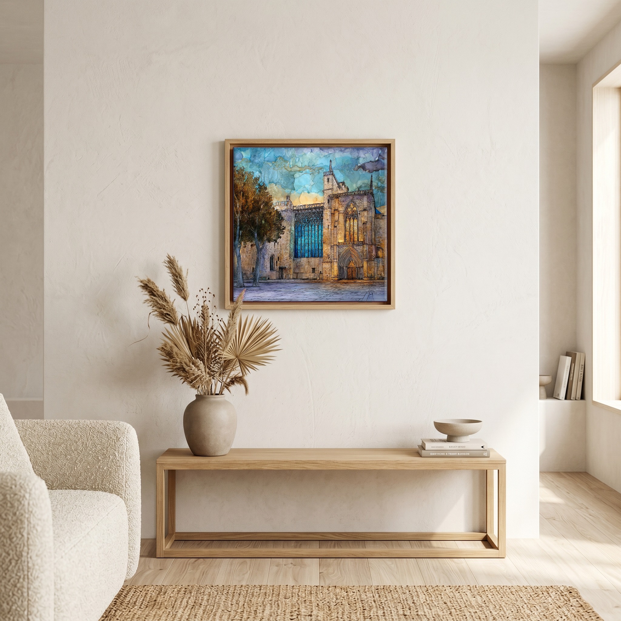 Above the bench, in a warm oak surround.
