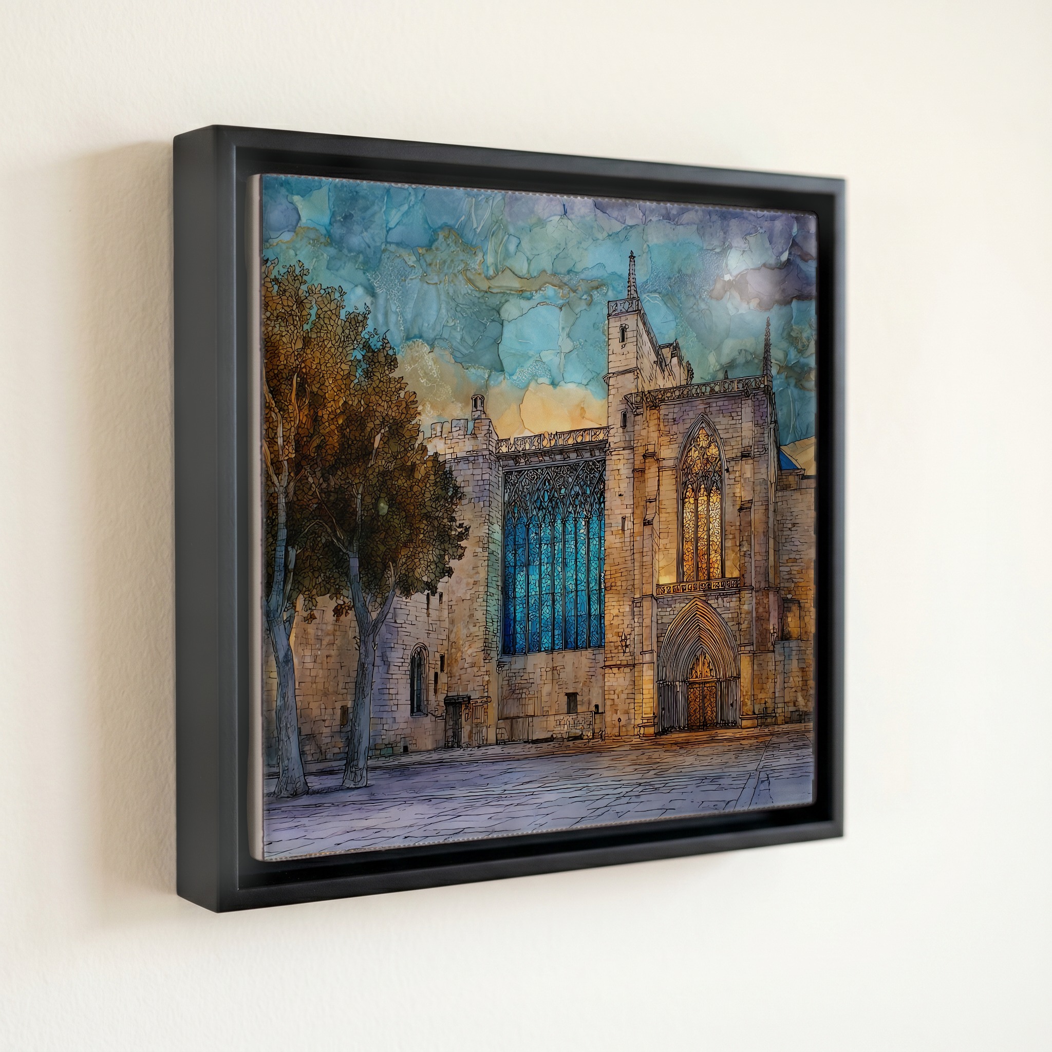 shown in a slim black floating frame · 6 × 6 in